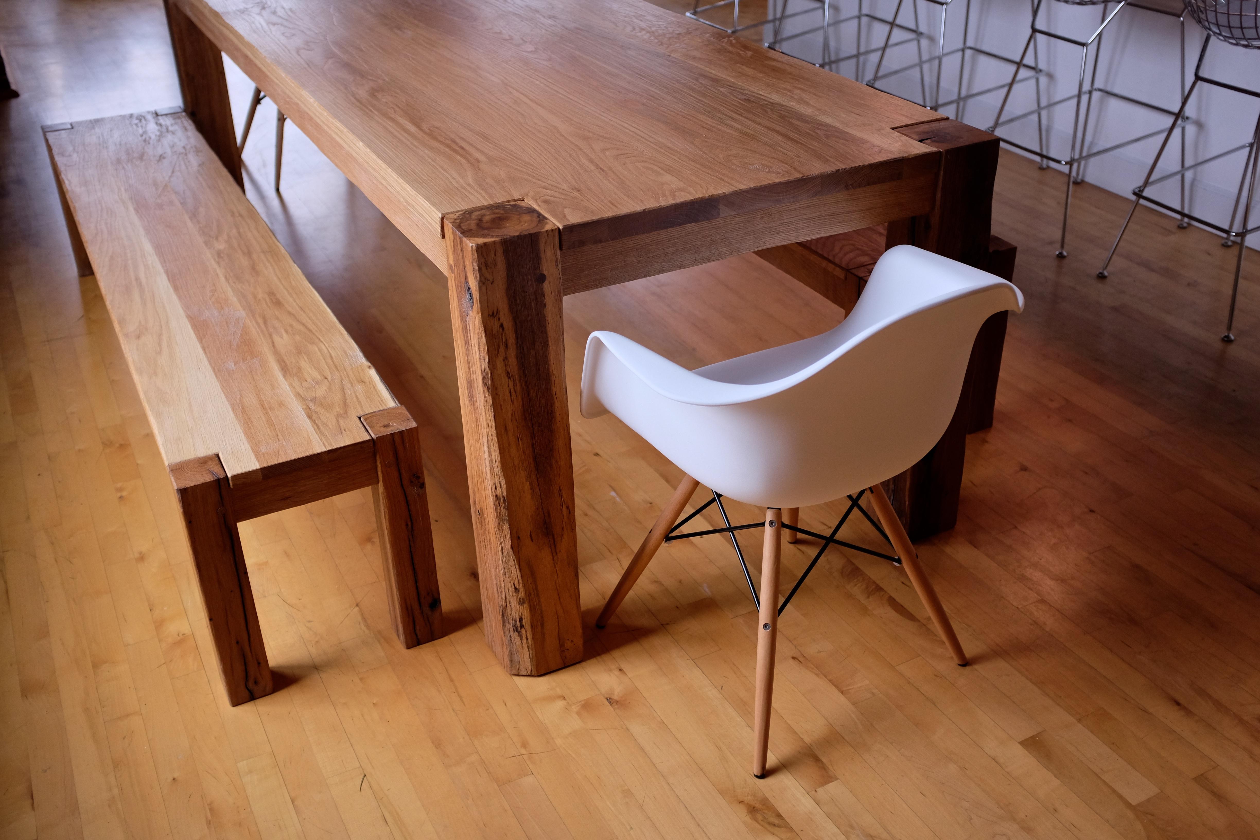 The Ajax table in modern farm style. Shown in white oak with antique farm wood corner posts. Farmhouse style table and bench. Handcrafted and made by designer, Martin Goebel. Can customize size, wood and finish. 




Measures: 72