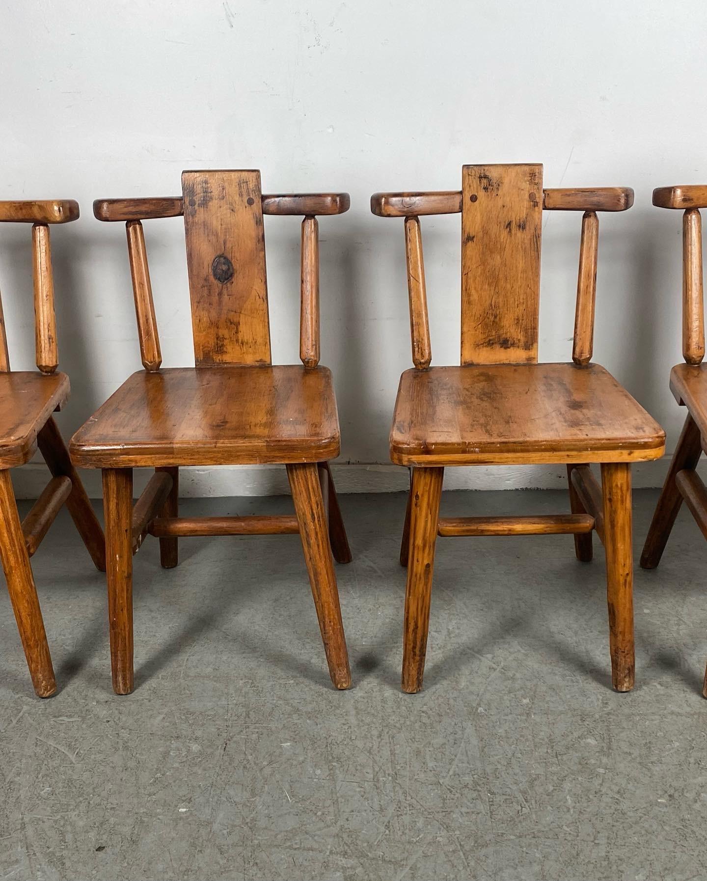 Modern Farmhouse cottage/ cabin solid wood side chairs by Sikes Chair Co., charming set, great style and design. Solid maple, pine? Hand delivery avail to New York City or anywhere en route from Buffalo NY.