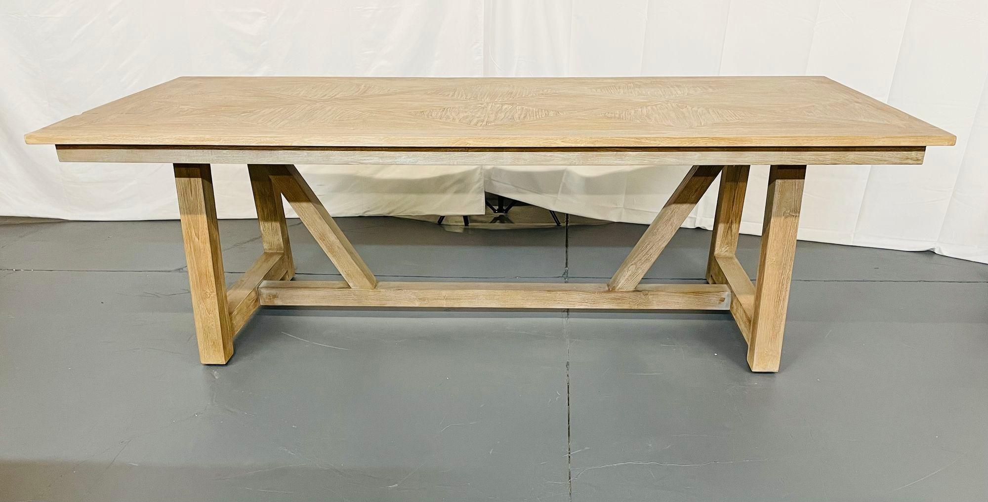 Modern farmhouse dining / kitchen / conference table, ceruse oak finish.
Midcentury inspired French country style dining table designed and produced in 2015. This farmhouse table is finished with a beautiful ceruse oak or pickled wood veneer with a