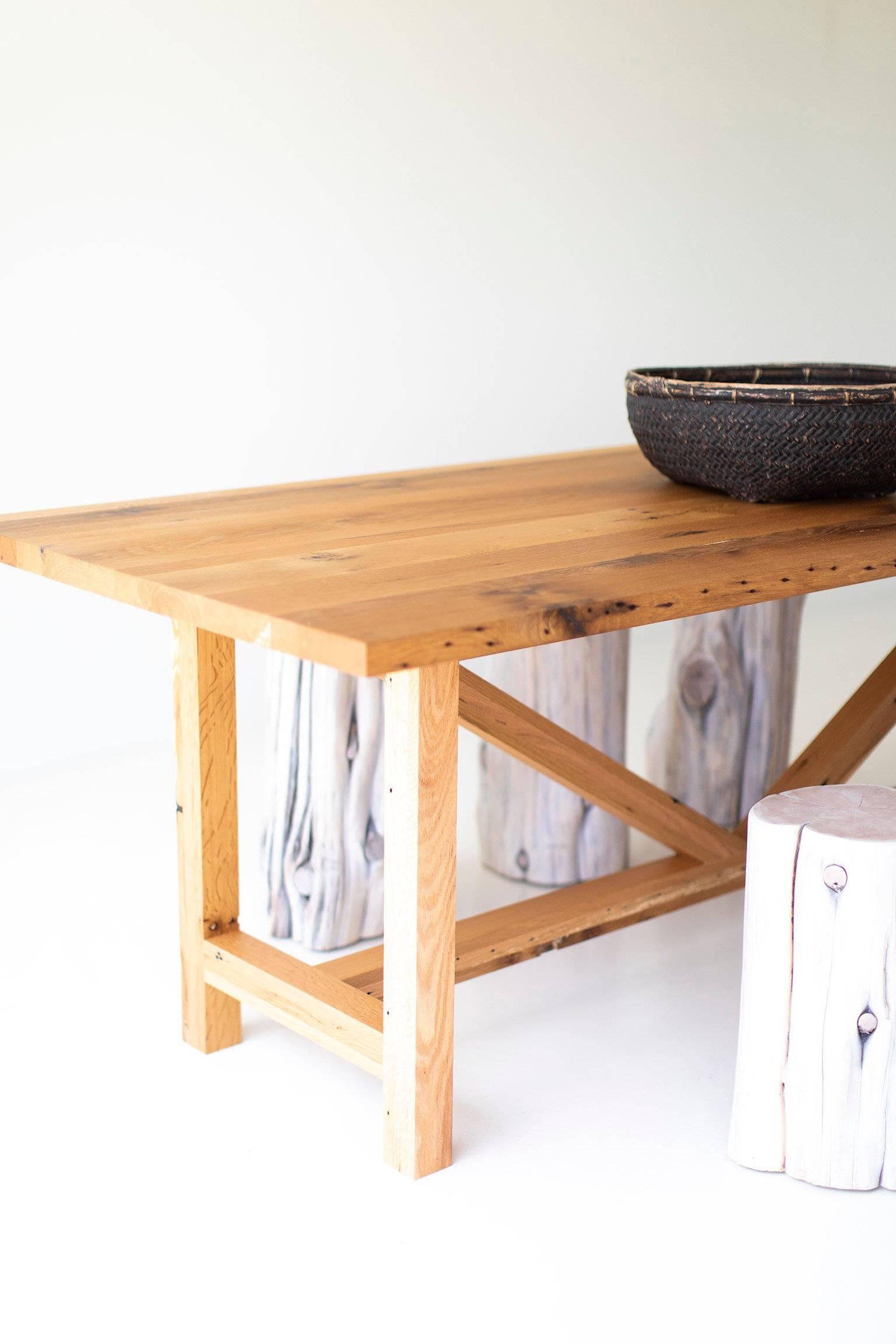 Sorry, we are no longer offering reclaimed oak. If you like this design, please contact us for pricing on other wood species!

Modern farmhouse dining table for Bertu Home.

This reclaimed oak dining table is made in the heart of Ohio with locally