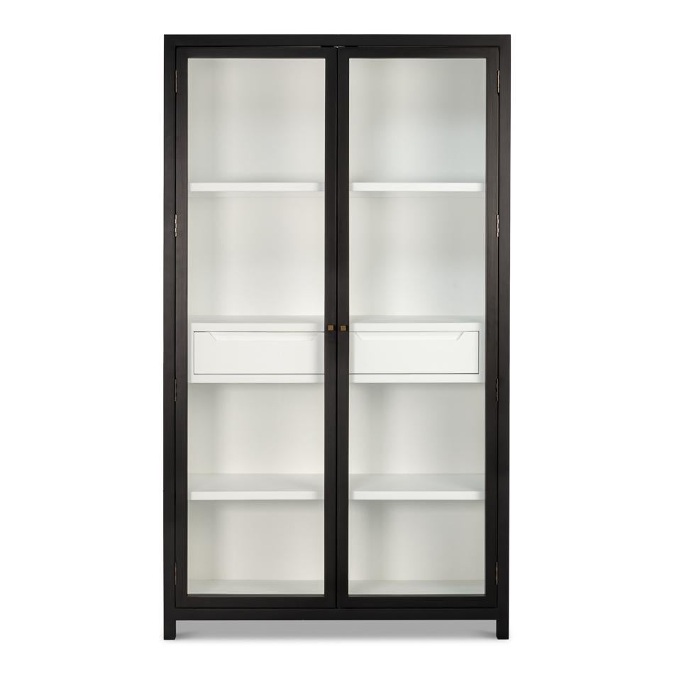 Featuring a brushed black exterior and a crisp white interior, this cabinet exudes contemporary charm while adding a touch of rustic elegance. The frame is crafted from durable birch and ash wood, complemented by tempered glass doors that