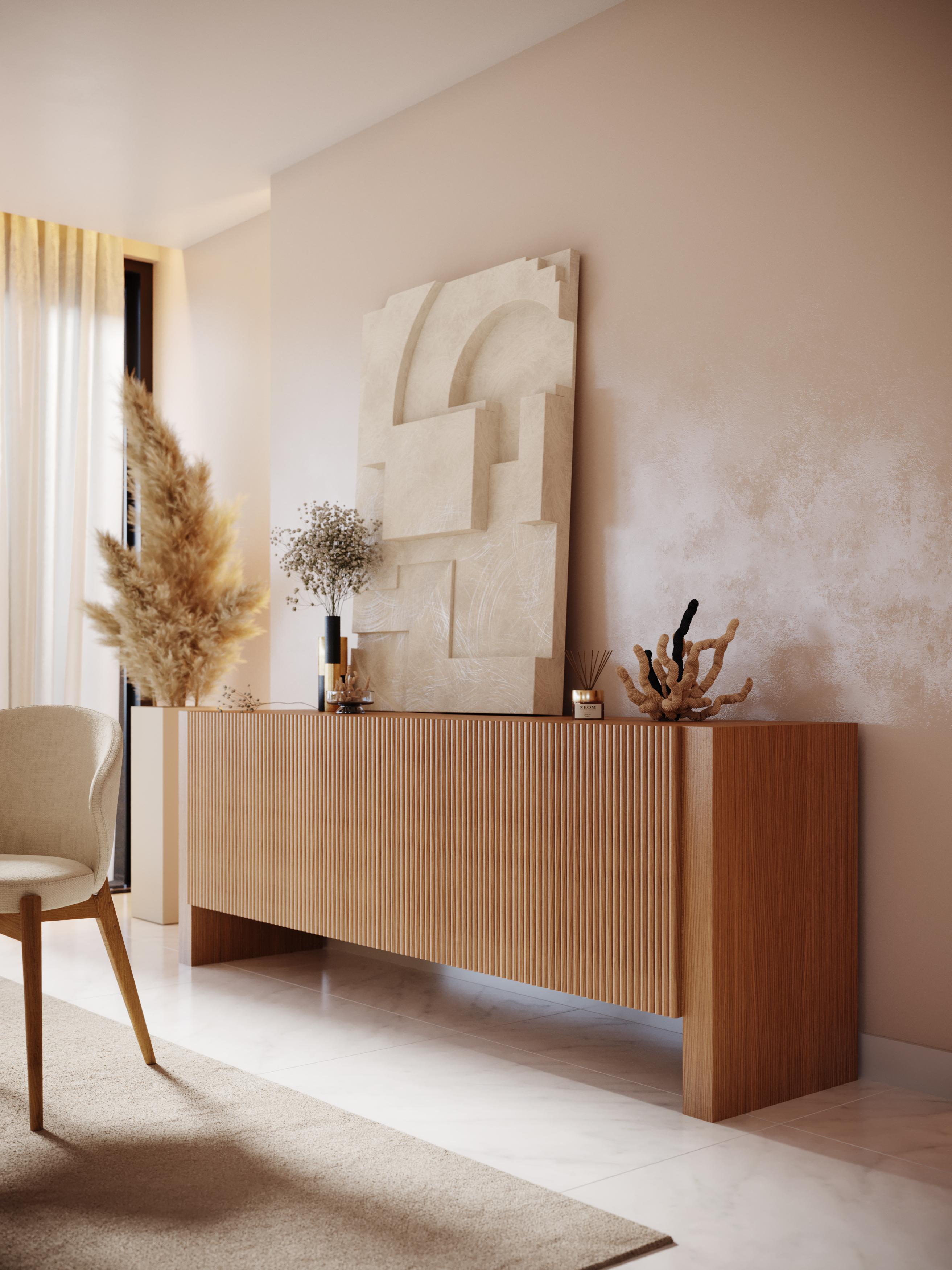 Fatto a mano Credenza moderna Faro con ante a coste in noce, realizzata a mano da Stylish Club in vendita
