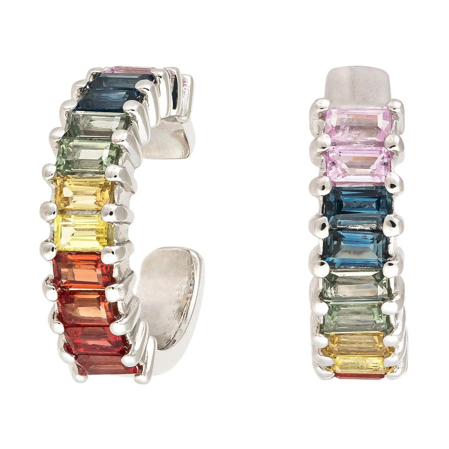 Boucles d'oreilles manchette une pièce en or blanc 18 carats avec saphirs multicolores, de style moderne pour elle