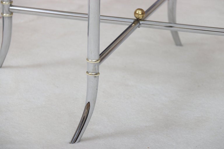 Modern Faux Bamboo Chrome Side Tables with Brass Finials For Sale at