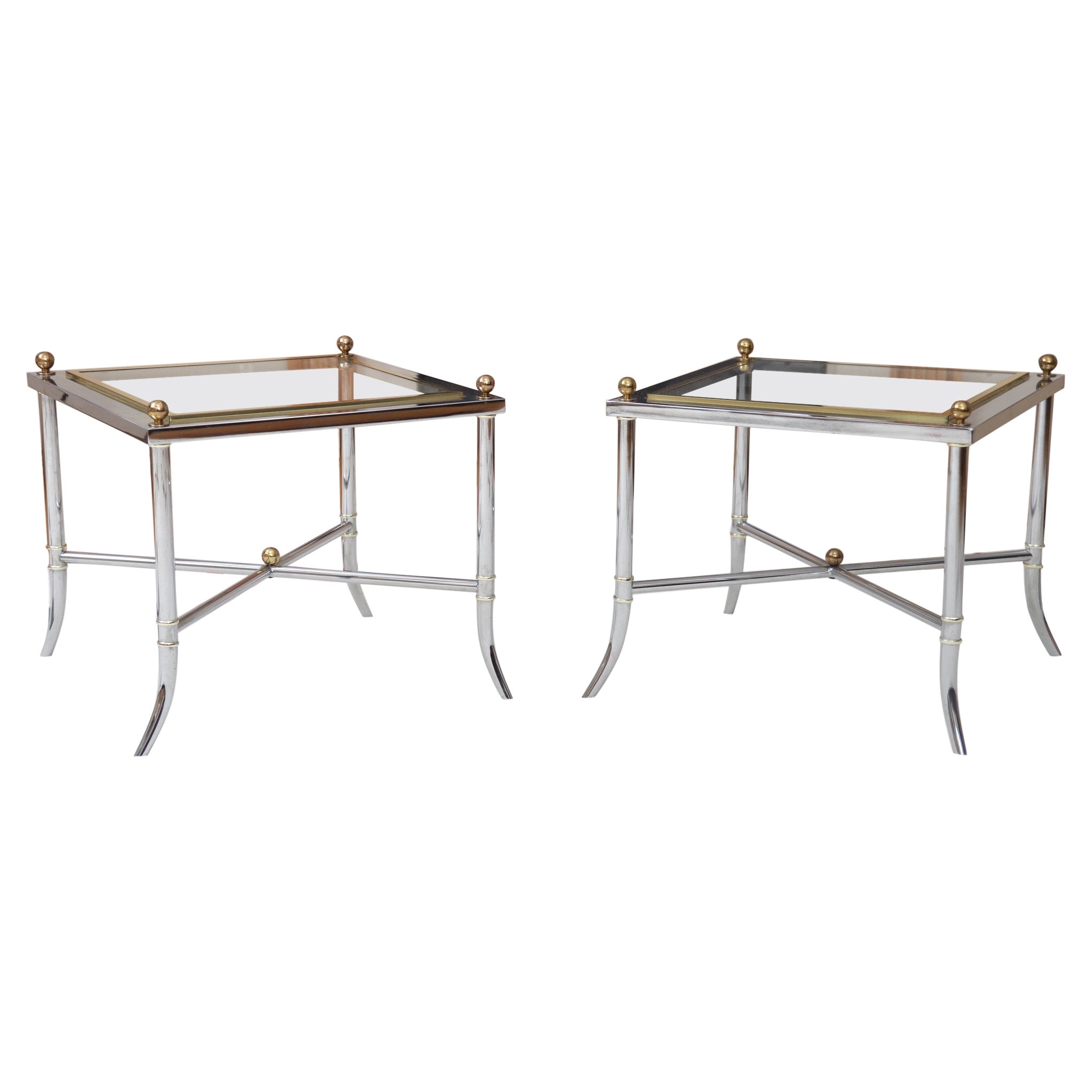 Modern Faux Bamboo Chrome Side Tables with Brass Finials