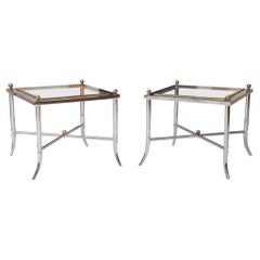 Vintage Modern Faux Bamboo Chrome Side Tables with Brass Finials