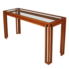 Modern Faux Bois Painted Metal and Glass Console Table