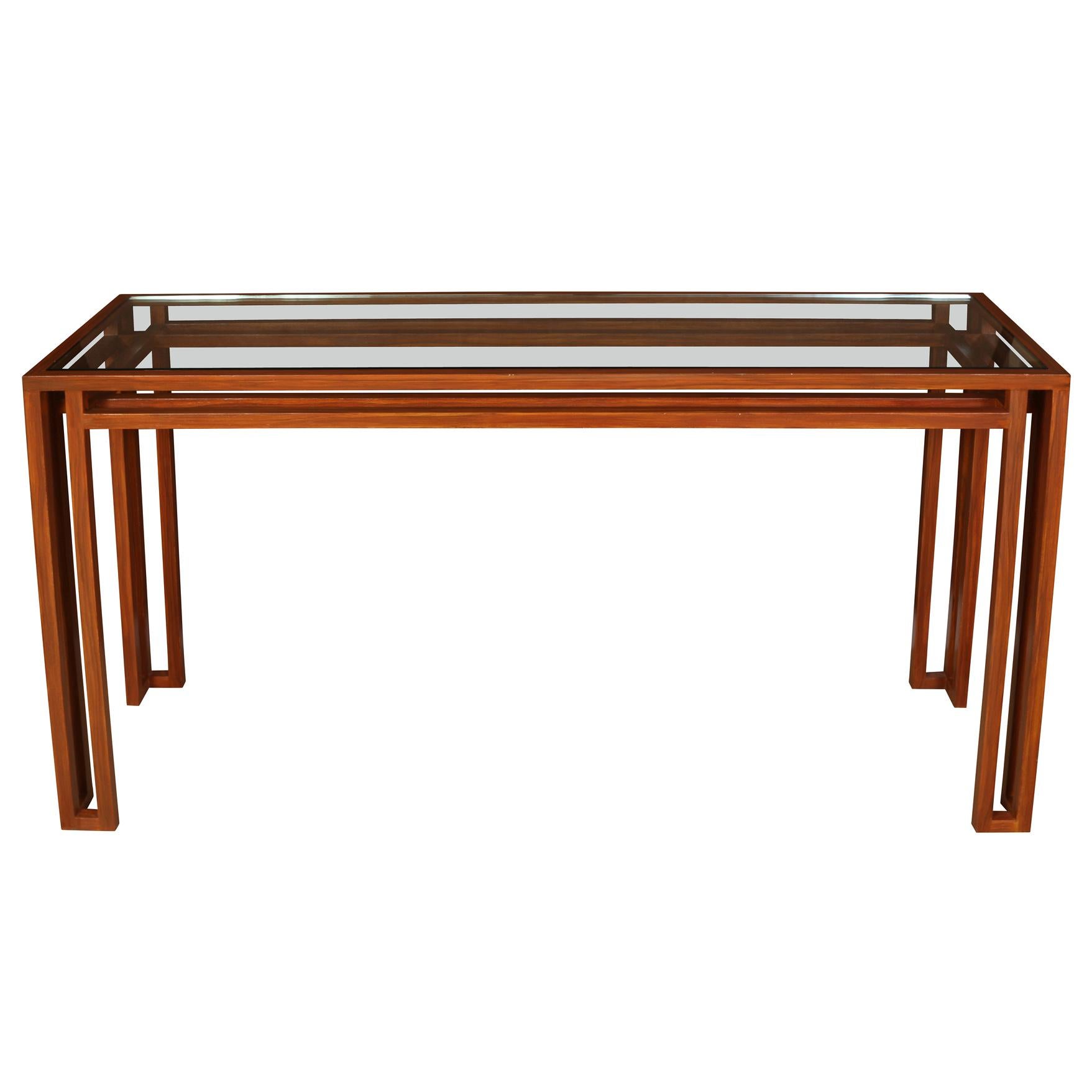Consola Moderna de Metal y Cristal Pintado Faux Bois en Bueno estado para la venta en Locust Valley, NY