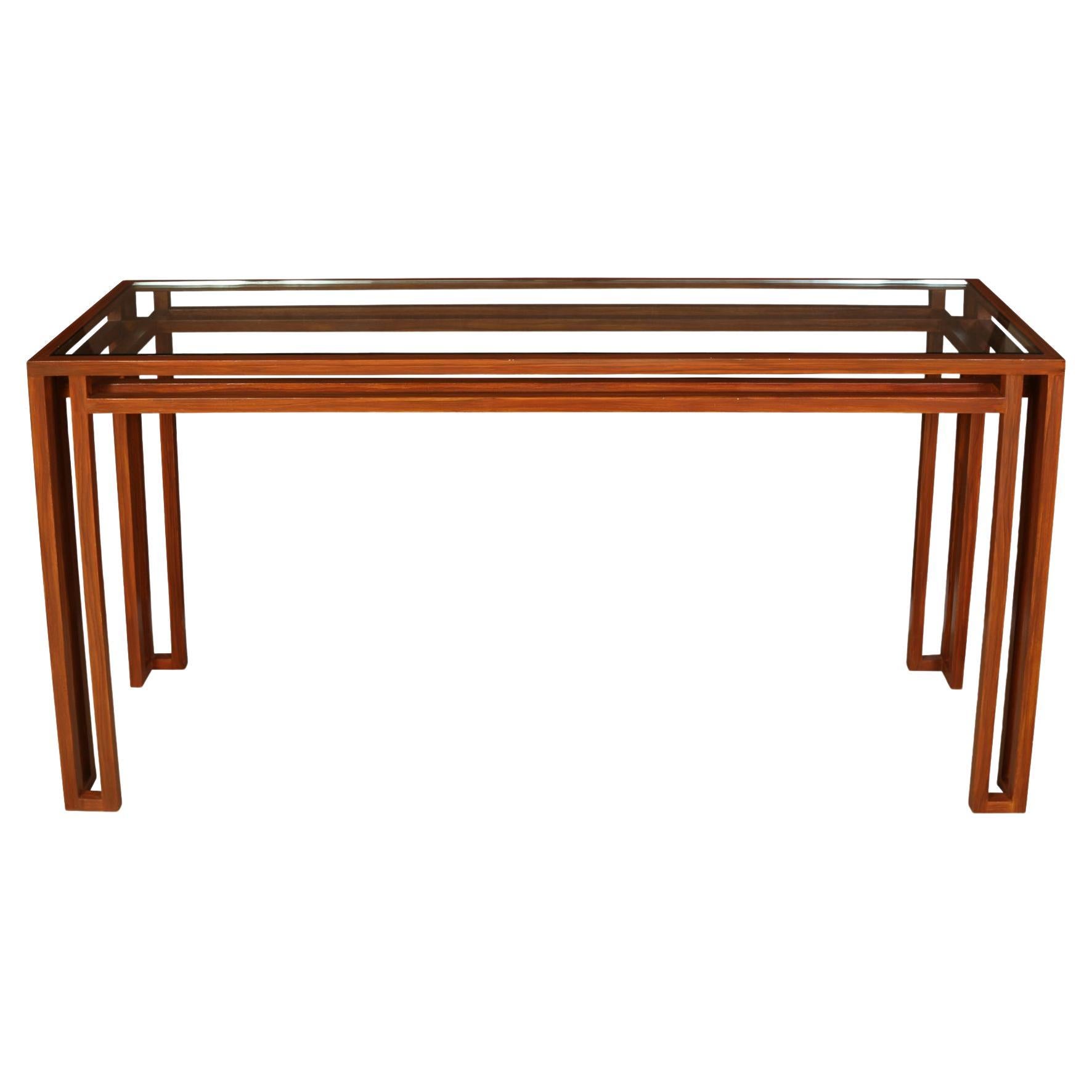 Table console moderne en métal peint en faux bois et verre