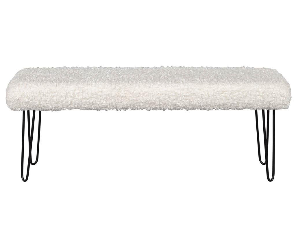 Modern faux curly Sherpa poodle bench. Custom bench upholstered in a faux poodle fabric with black metal hairpin legs. Can be custom ordered.

Price includes complimentary scheduled curb side delivery service to the continental USA.