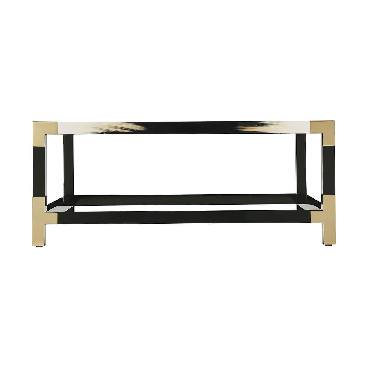 A modern black lacquered and faux horn cocktail table, the square glass inset top with brass edged corners, on square legs joined by stretchers.
Dimensions: 44
