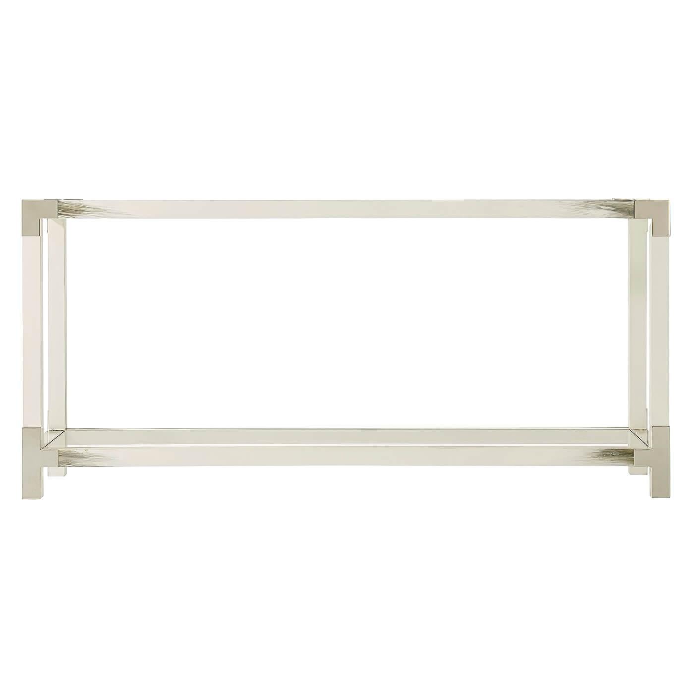 Modern hand painted faux horn wooden frame console table with stainless steel edge corners and tempered glass inset top and lower shelf.
Dimensions: 65