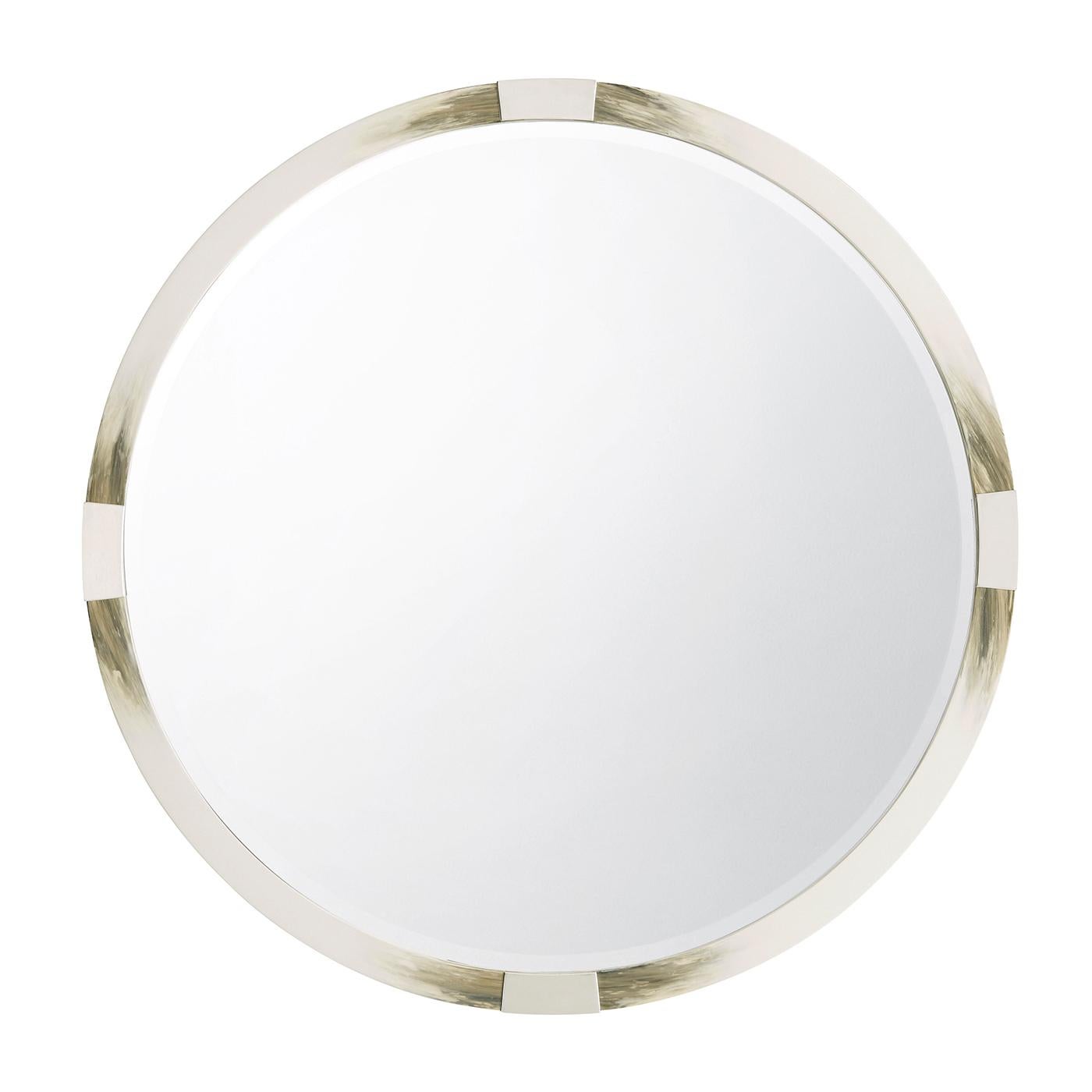 Large Modern hand-painted faux horn wood frame mirror, with a rectangular beveled mirror plate and stainless steel edged corners.
Dimensions: 41.75