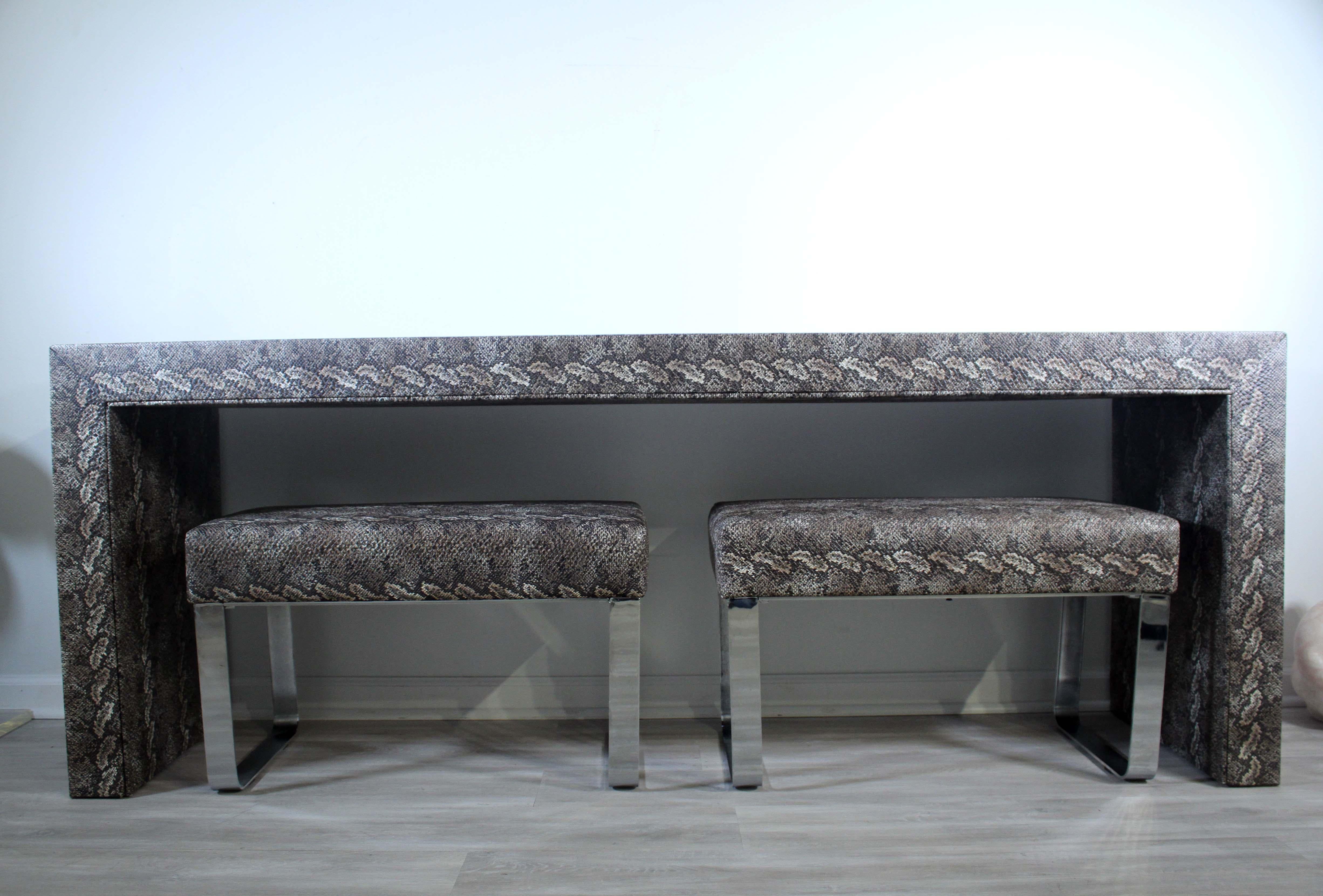 20th Century Modern Faux Python Covered Parsons Console Table with 2 Chrome Ottomans