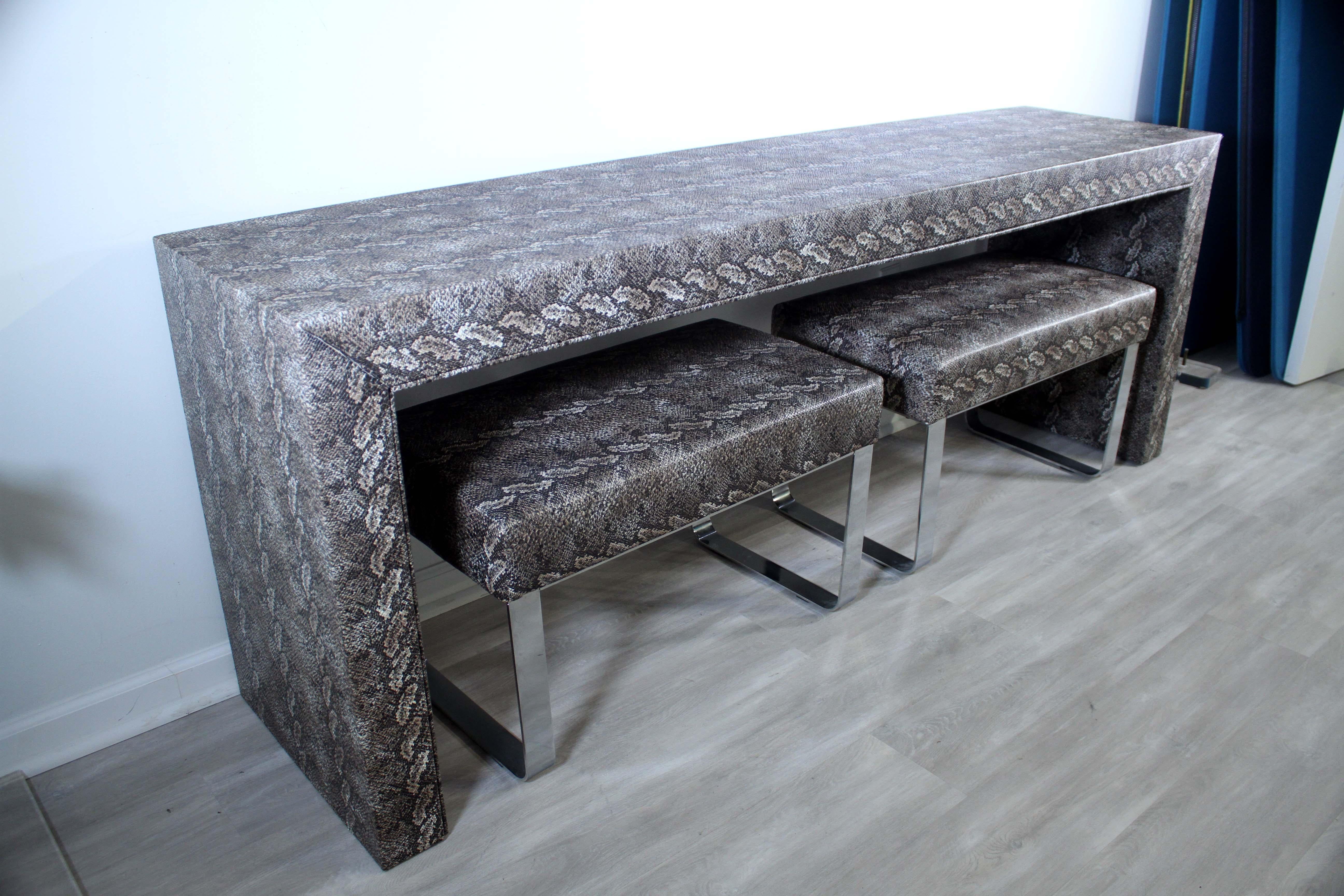 Faux Leather Modern Faux Python Covered Parsons Console Table with 2 Chrome Ottomans
