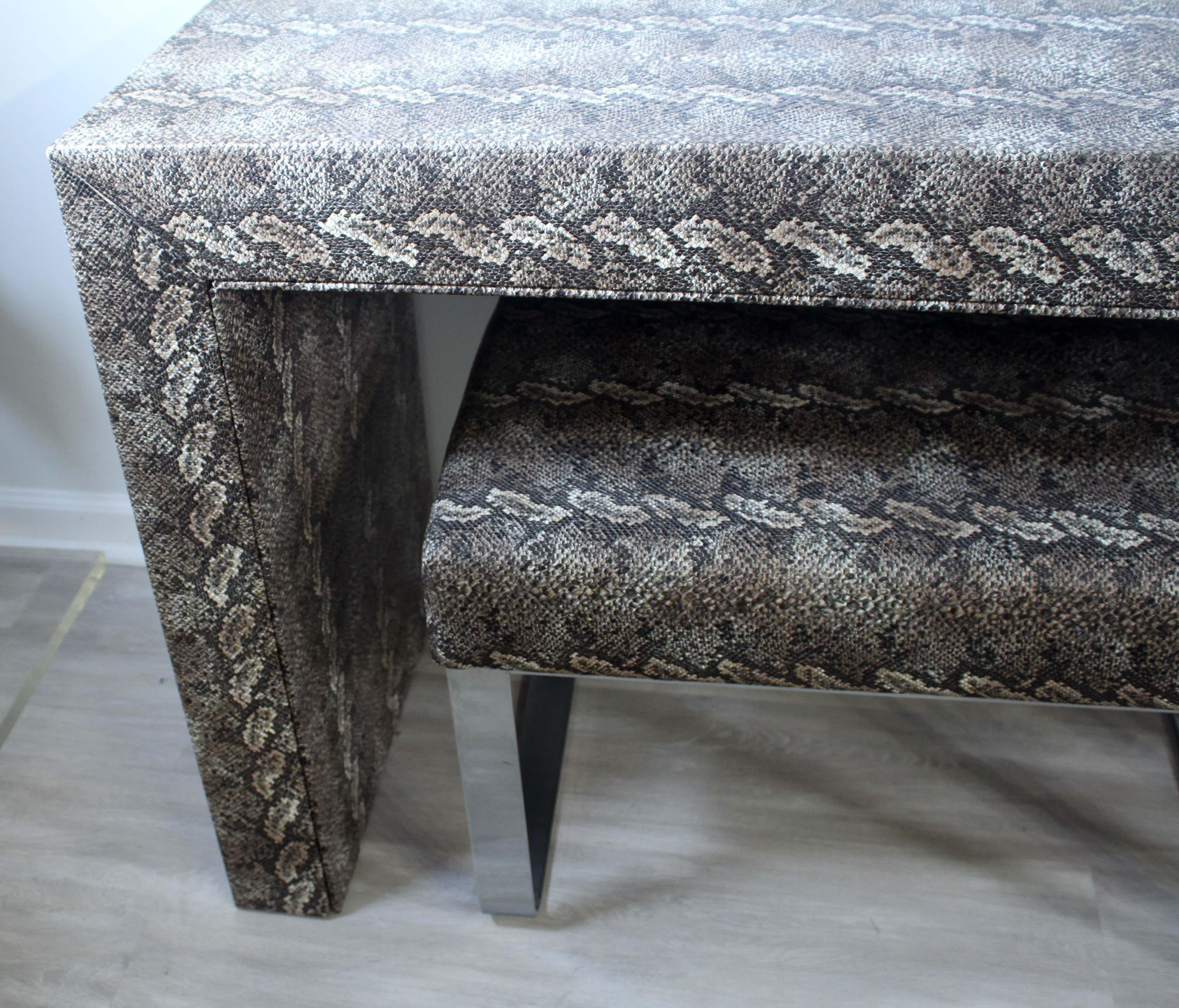 Modern Faux Python Covered Parsons Console Table with 2 Chrome Ottomans 3
