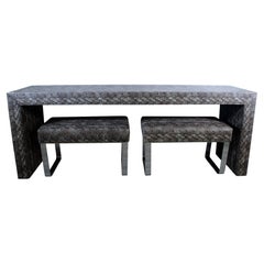 Modern Faux Python Covered Parsons Console Table with 2 Chrome Ottomans