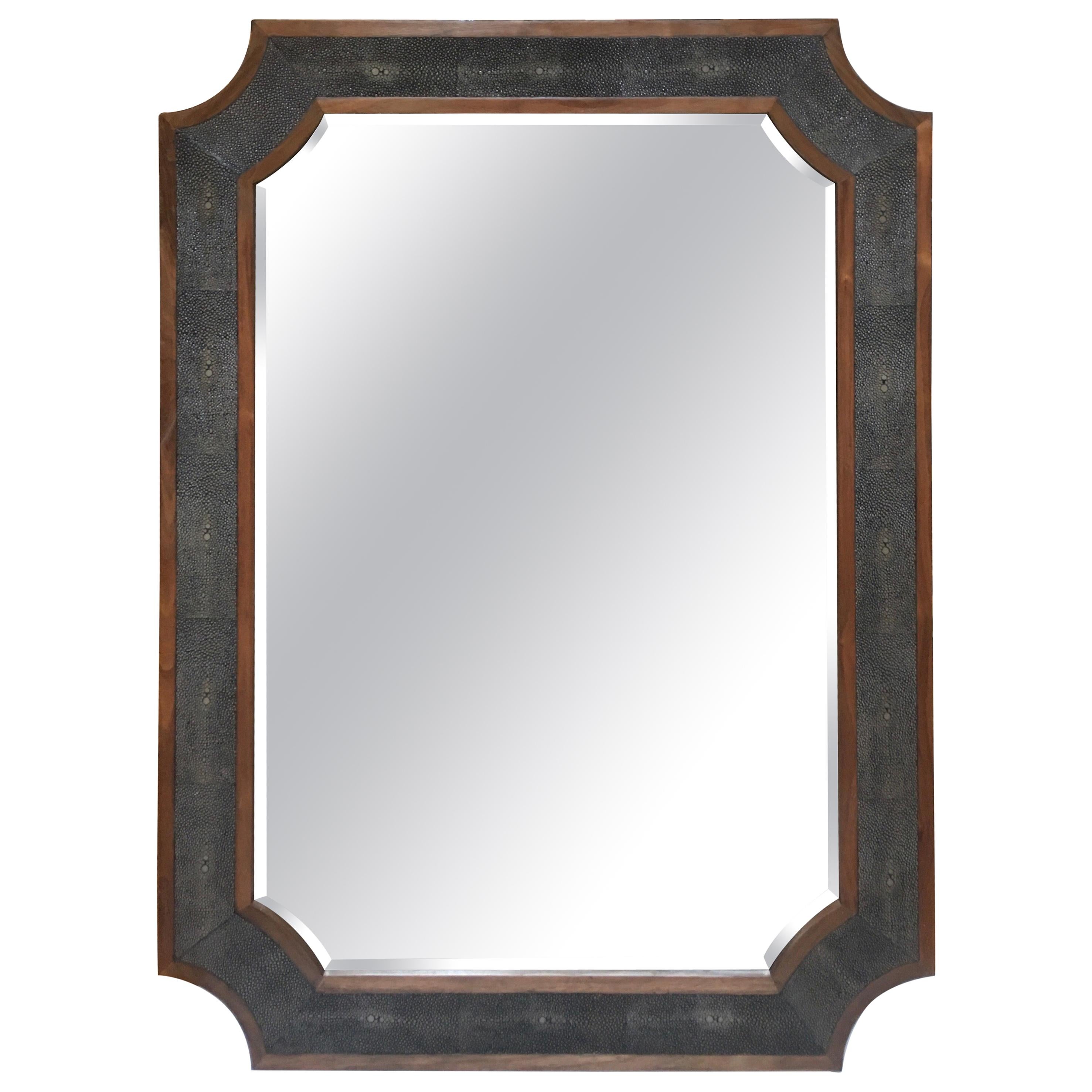 Modern Faux Shagreen and Wood Wall Mirror