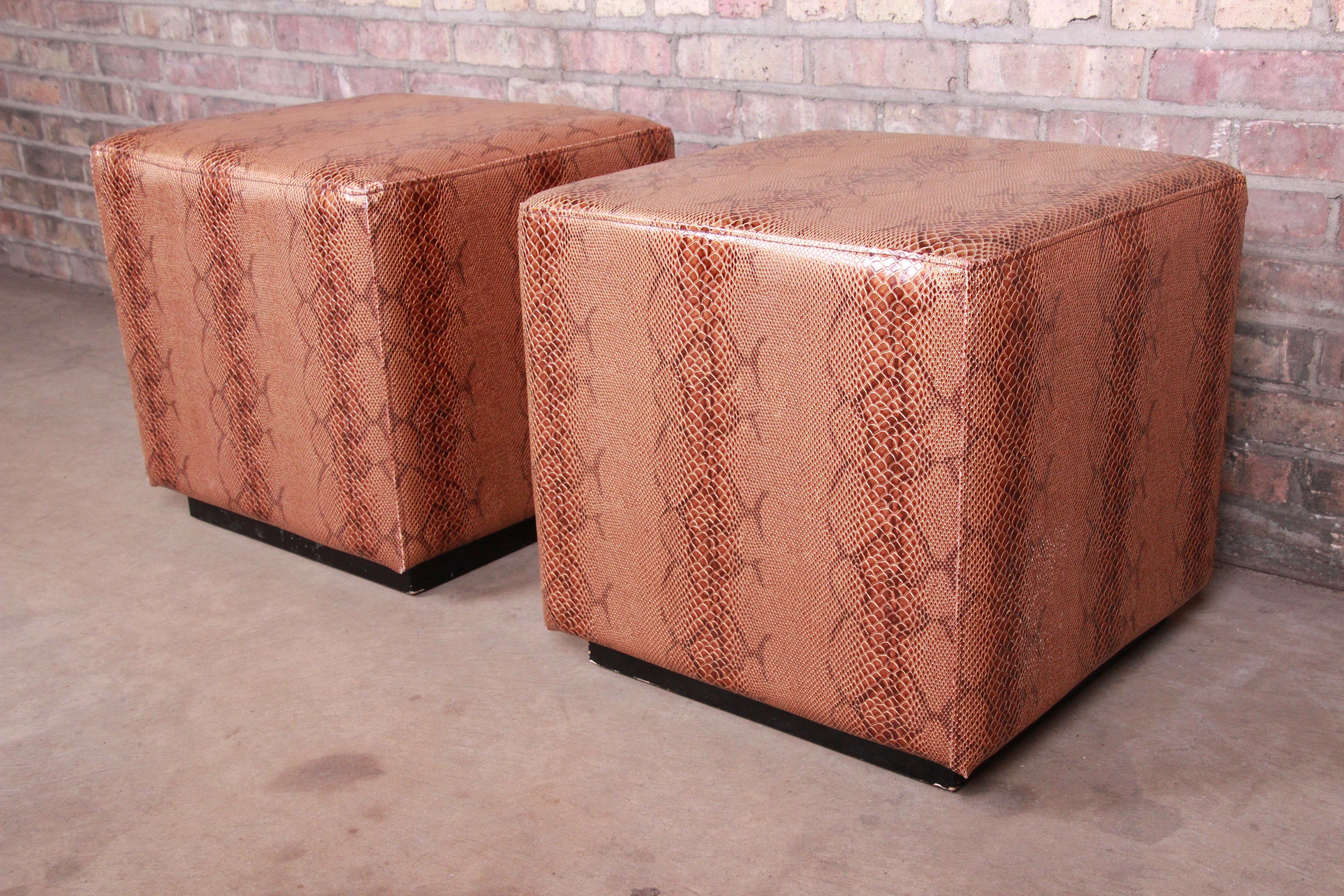 Modern Faux Snake Skin Cube Ottomans, Pair In Good Condition In South Bend, IN