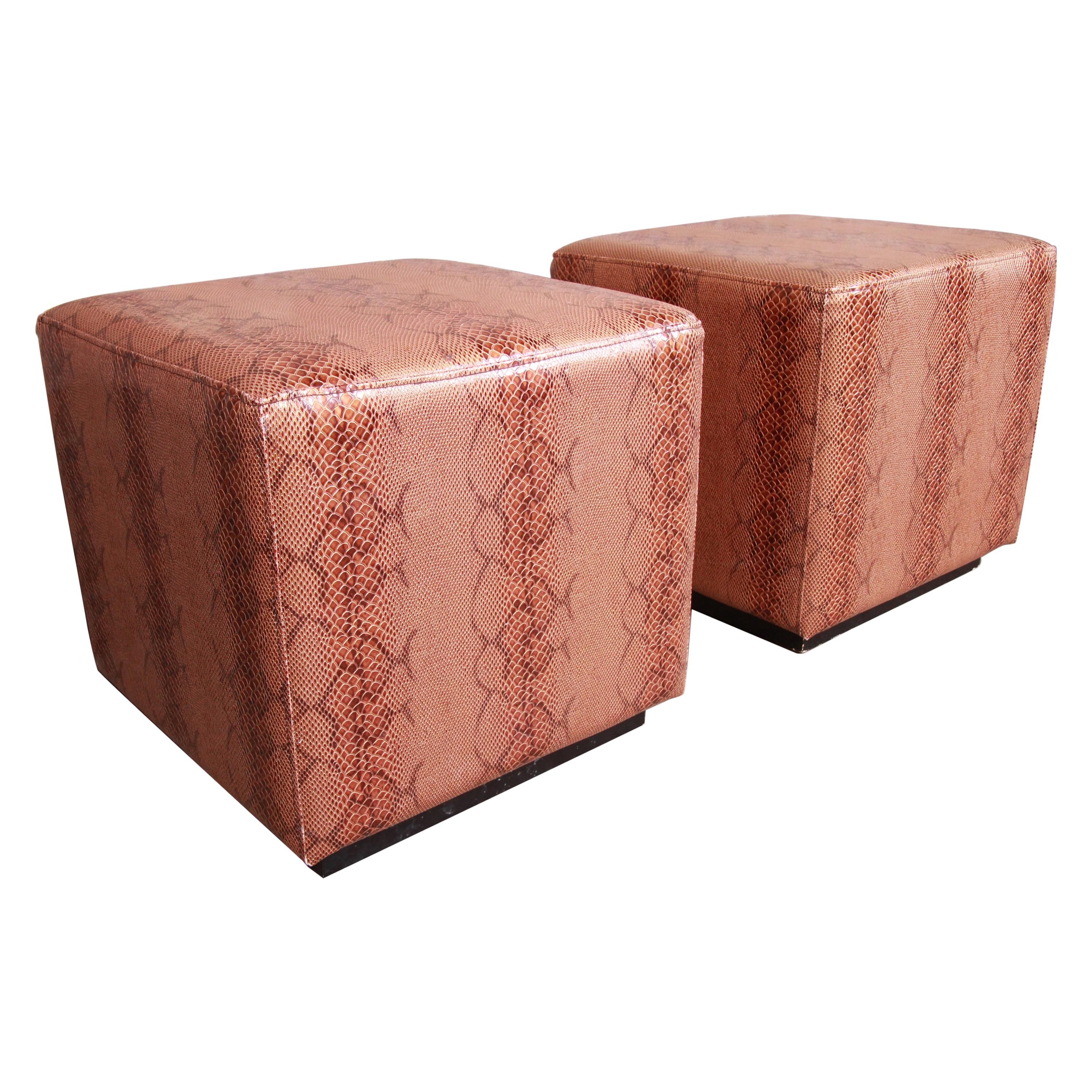 Modern Faux Snake Skin Cube Ottomans, Pair