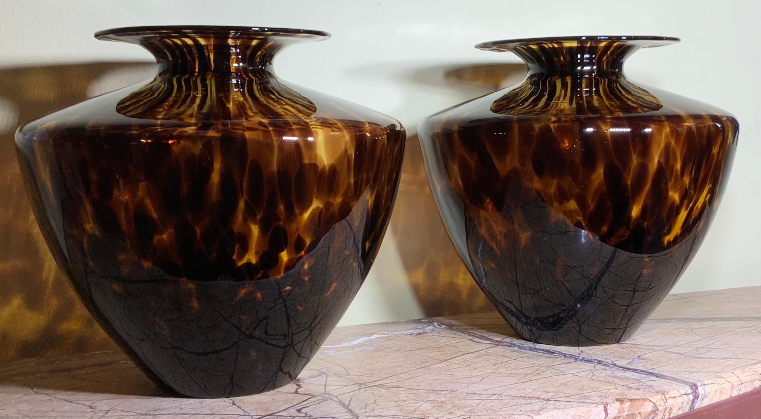 European Modern Faux Tortoise Shell Blown Glass, Pair of Vases