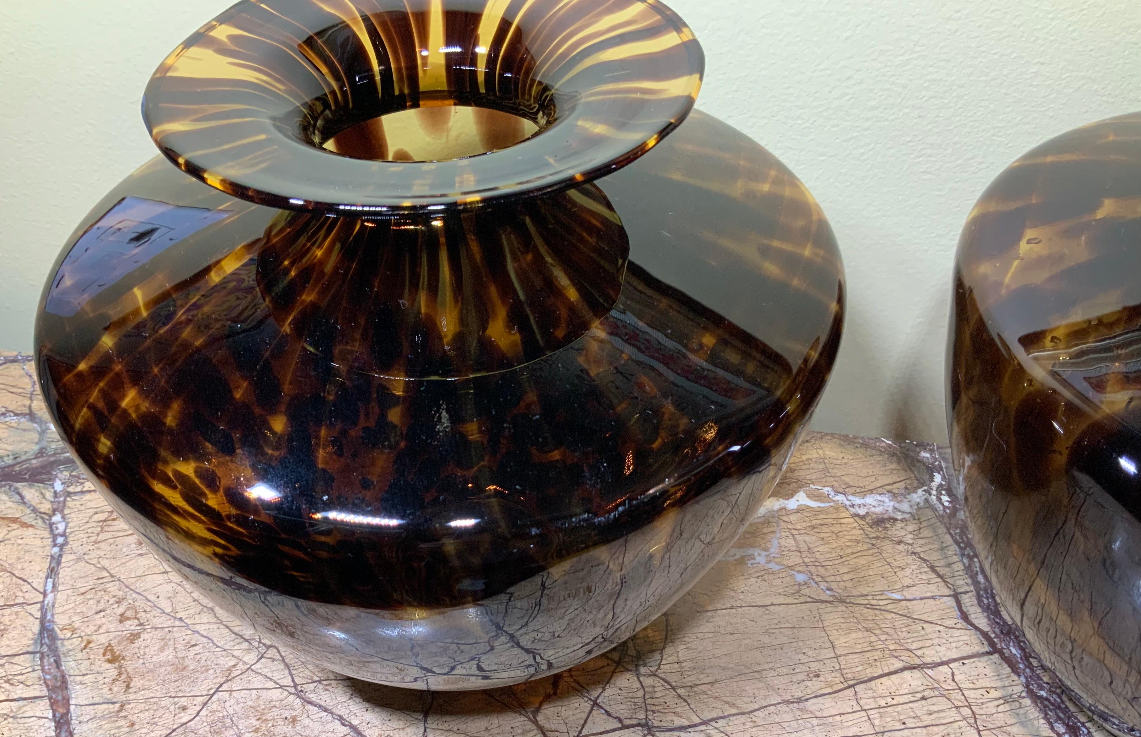 Modern Faux Tortoise Shell Blown Glass, Pair of Vases In Good Condition In Delray Beach, FL