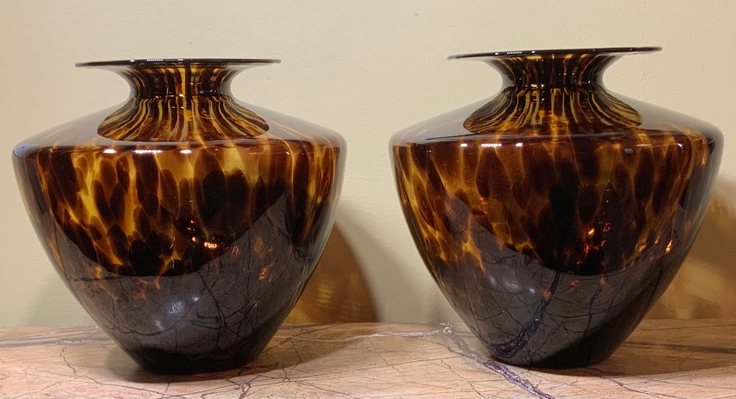 20th Century Modern Faux Tortoise Shell Blown Glass, Pair of Vases