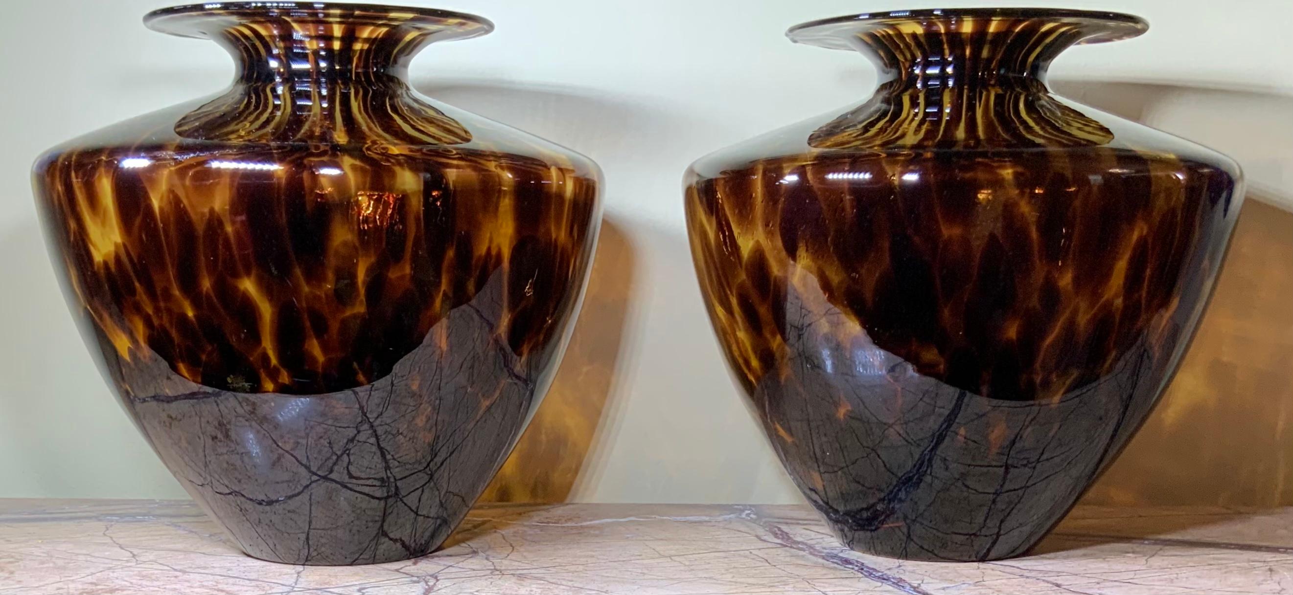 Art Glass Modern Faux Tortoise Shell Blown Glass, Pair of Vases