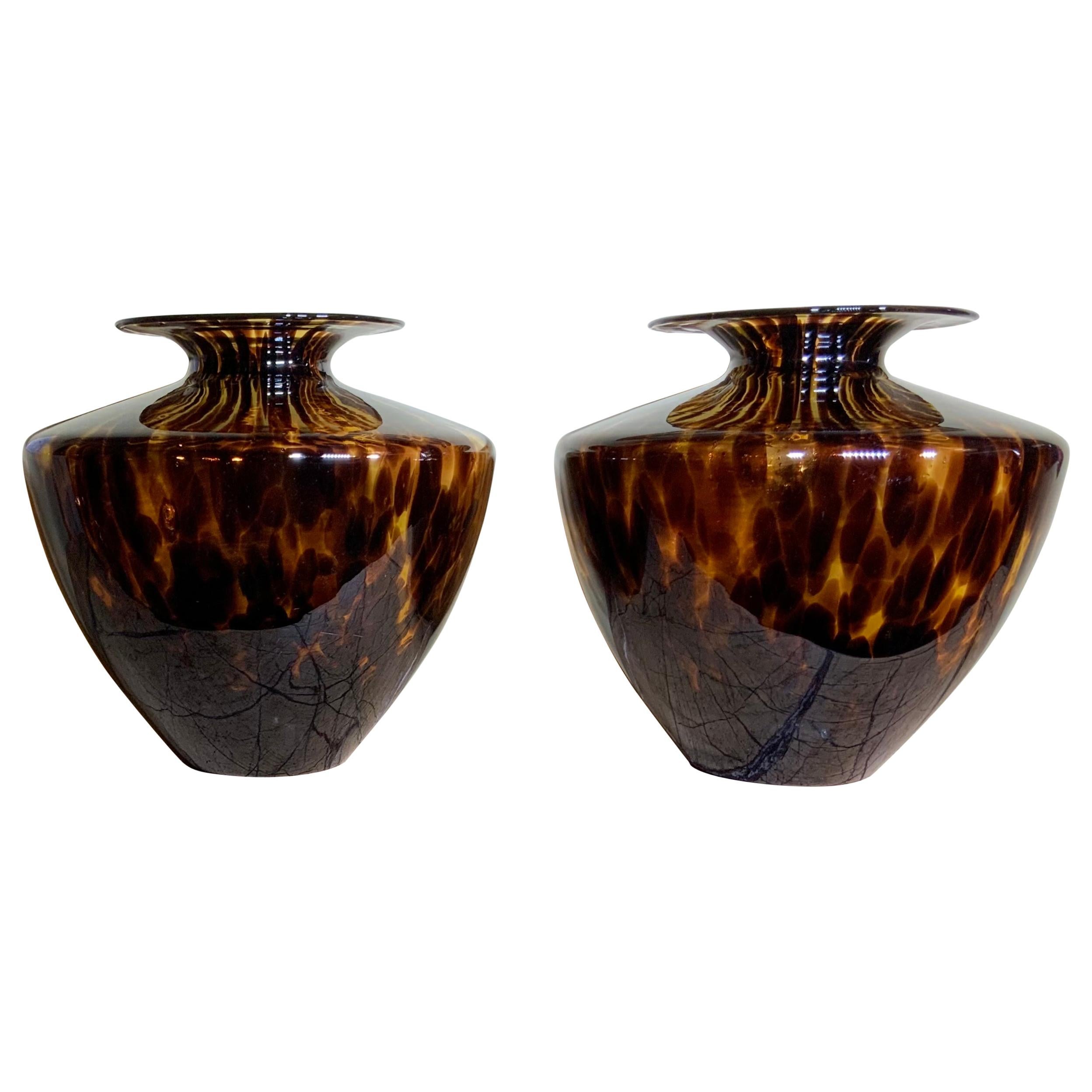 Modern Faux Tortoise Shell Blown Glass, Pair of Vases