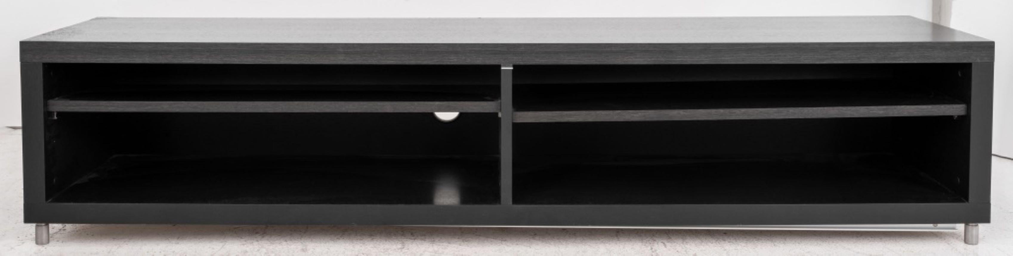 Modern Ebonized Faux Wenge Wood Entertainment Cnsole, raised on tapered metal feet. 19.25