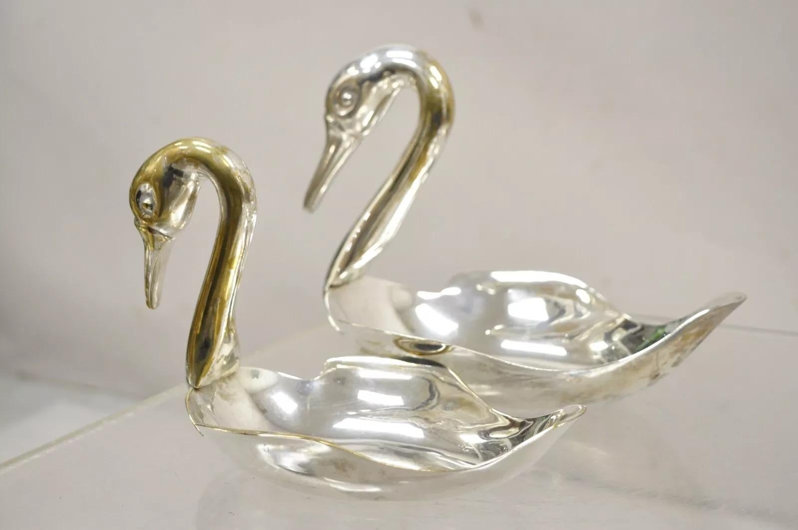 Modern Figural Silver Plated Copper Swan Bird Candy Dish Trinket Bowl - 2 Pcs, Made in India. Circa Late 20th Century. Measurements: Large: 7