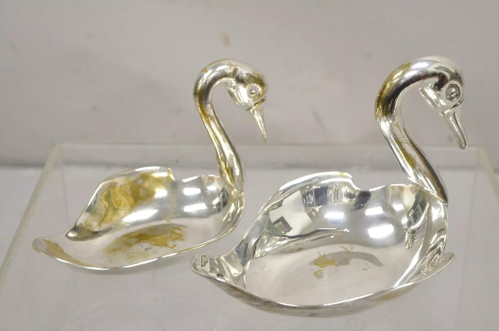 20th Century Modern Figural Silver Plated Copper Swan Bird Candy Dish Trinket Bowl - 2 Pcs For Sale
