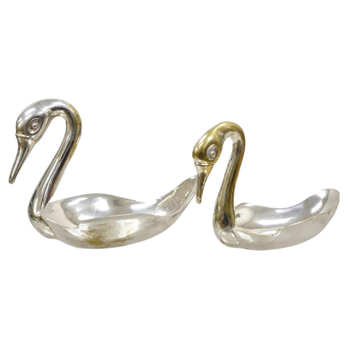 Modern Figural Silver Plated Copper Swan Bird Candy Dish Trinket Bowl - 2 Pcs For Sale