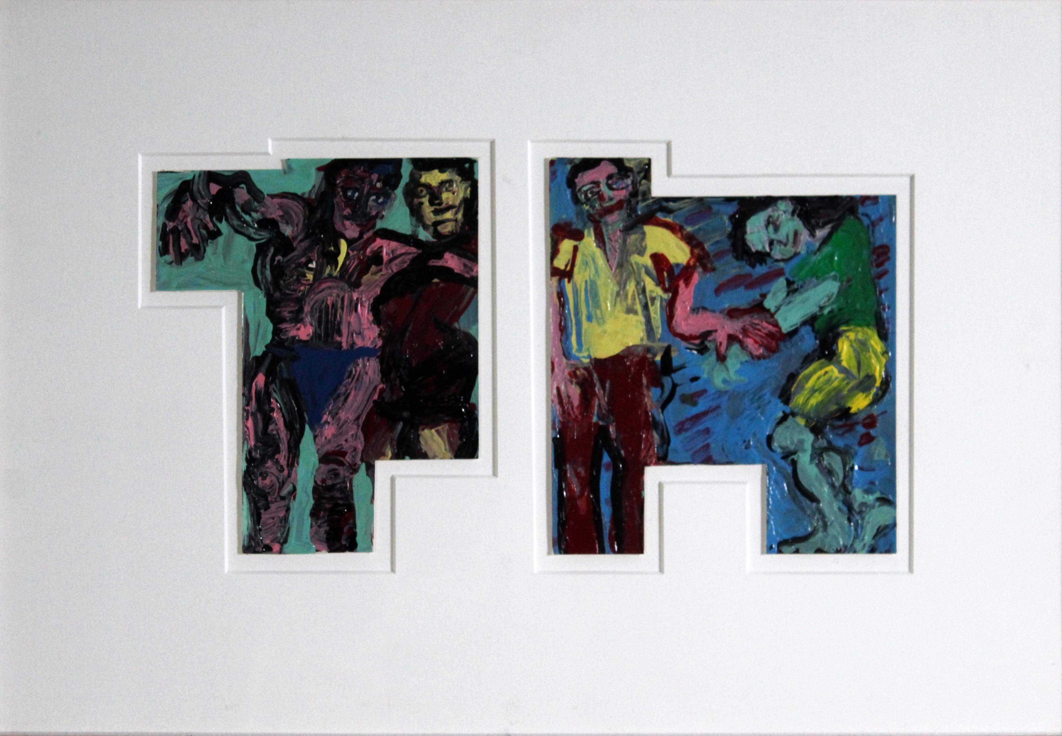 An intriguing composition of acrylic paintings on paper depicting expressive figures in the style of Egon Schiele. The modern figures are displayed in a unique geometric cutout matte. Dimensions: 20