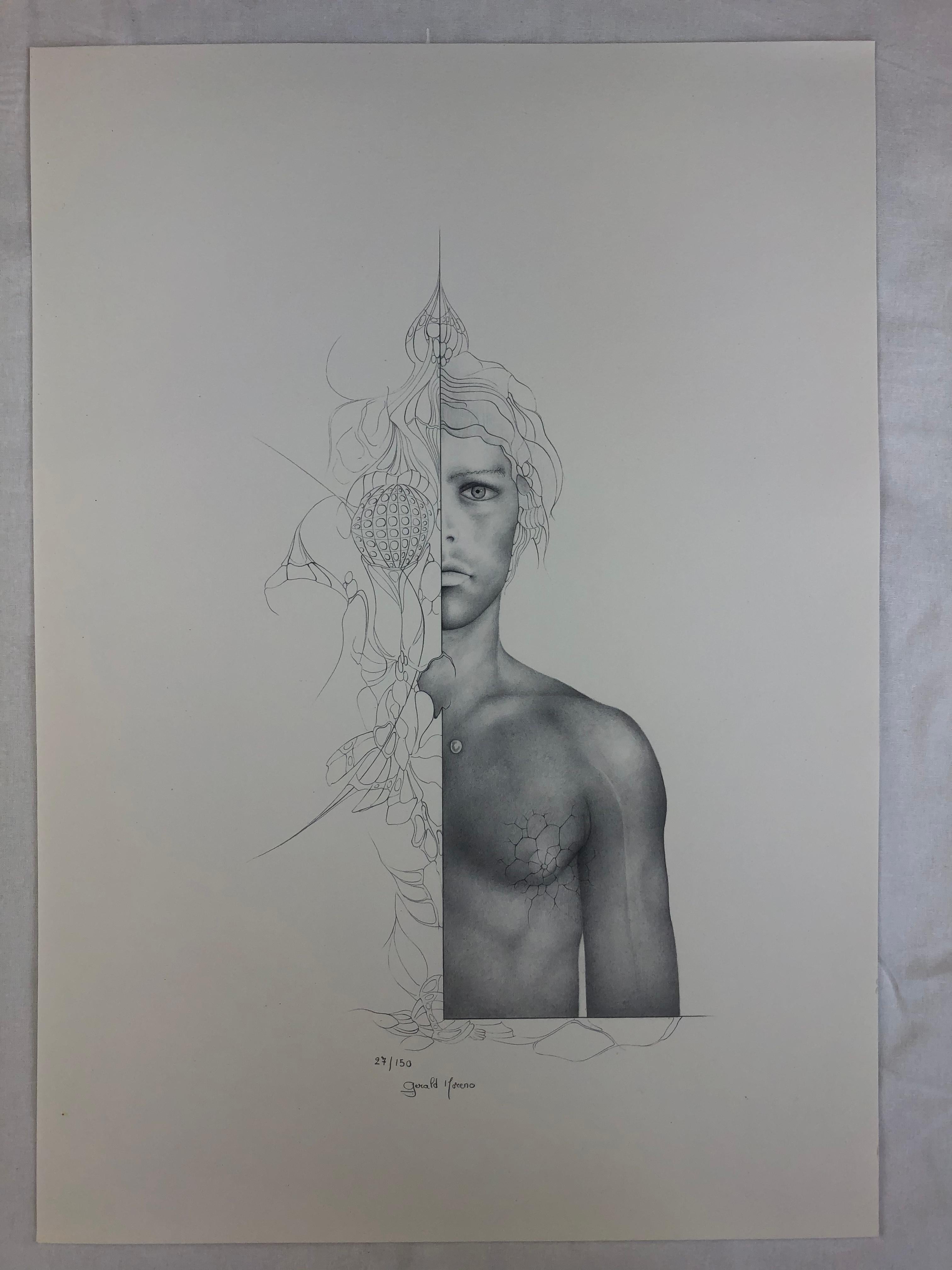 20th Century Modern Figurative Art, Dali Inspired Surrealist Drawing by Gerald Moreno For Sale