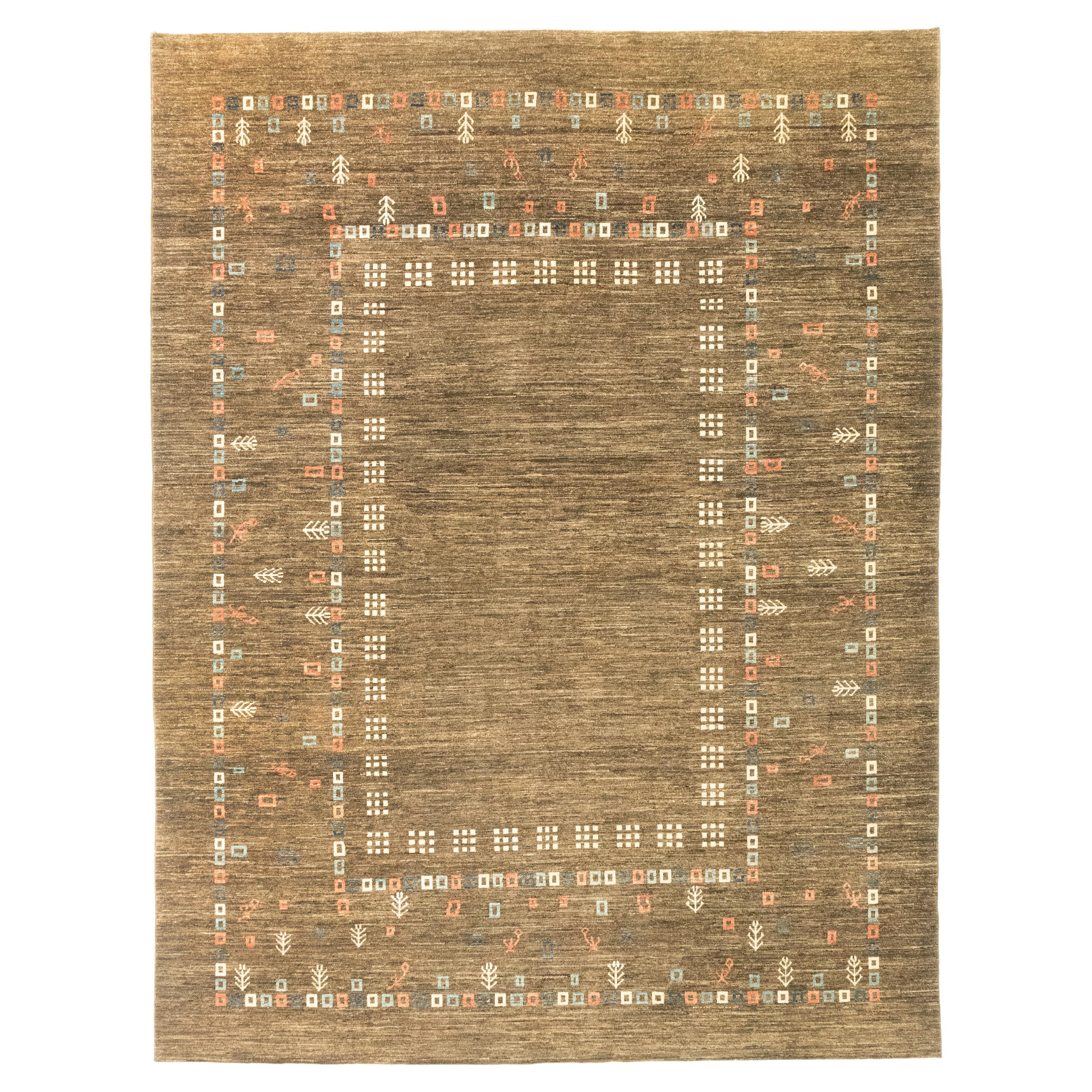 Modern Fine Gabbeh Rug, Hand Knotted, 11.8 × 9.1 ft – Brown and Cream en vente
