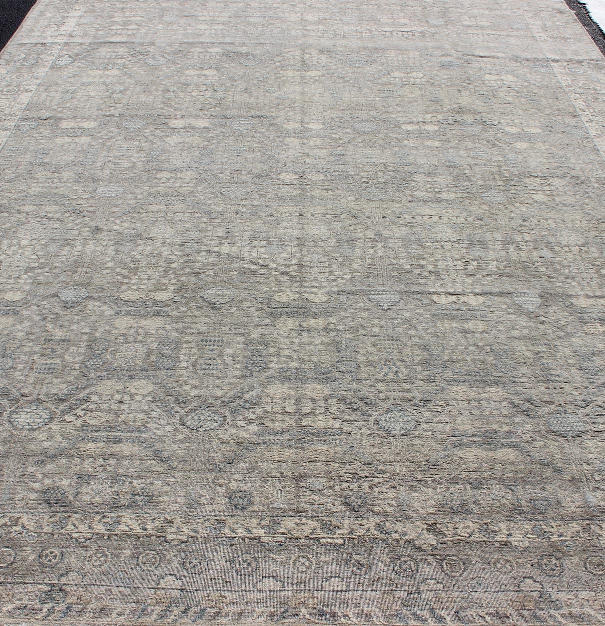Modern Fine Weave Distressed Tabriz Rug in Taupe, Gray, Blue and Neutral Tones  For Sale 4