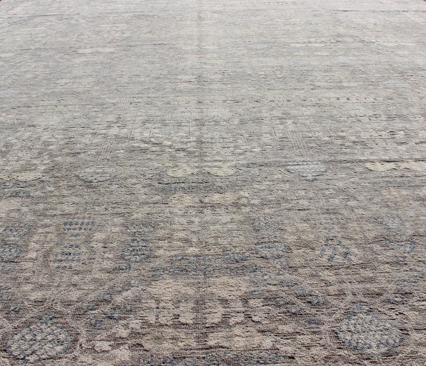 Modern Fine Weave Distressed Tabriz Rug in Taupe, Gray, Blue and Neutral Tones  For Sale 5