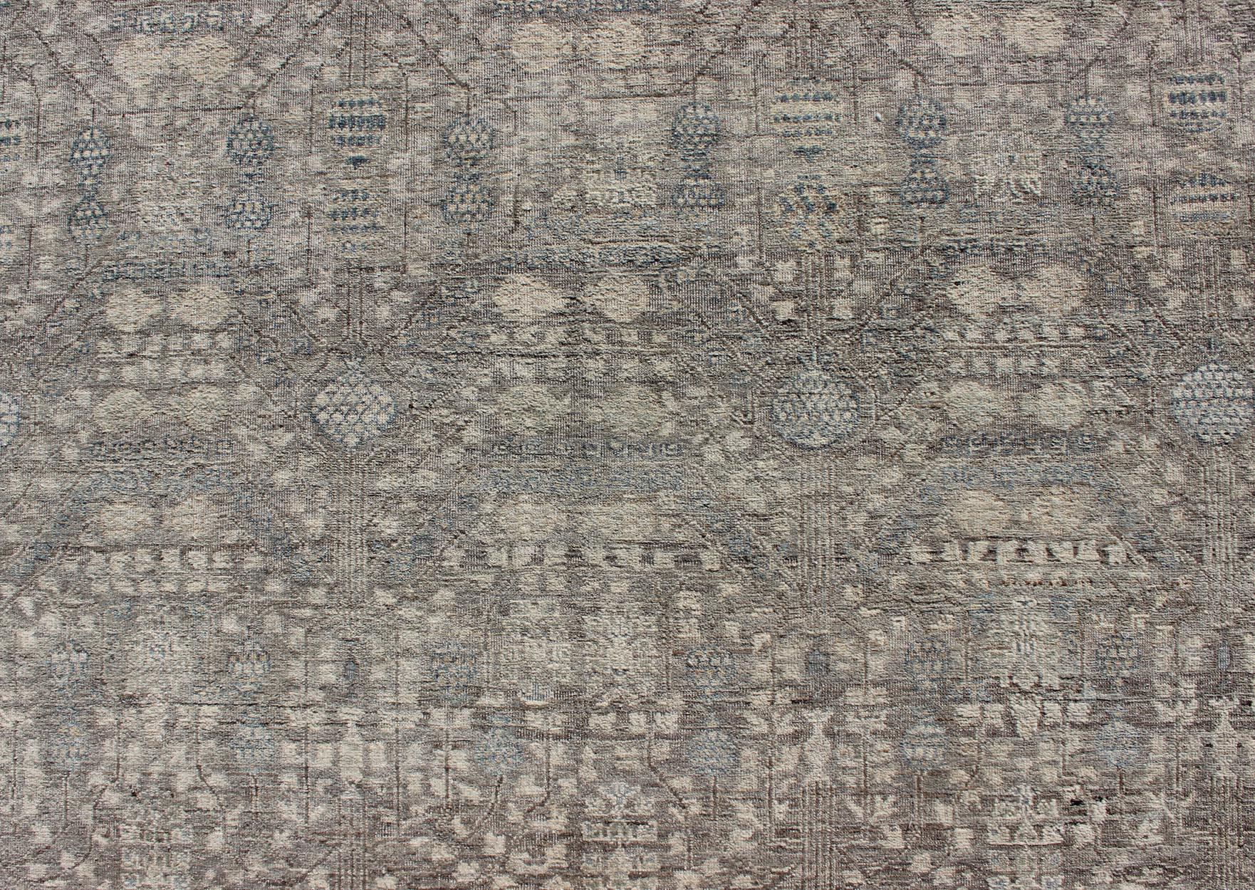 Modern Fine Weave Distressed Tabriz Rug in Taupe, Gray, Blue and Neutral Tones  For Sale 6