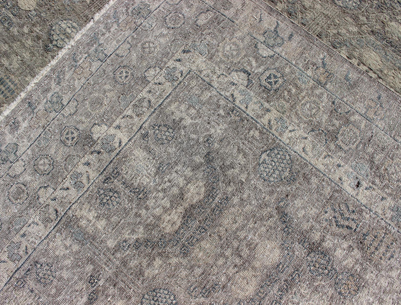 Modern Fine Weave Distressed Tabriz Rug in Taupe, Gray, Blue and Neutral Tones  For Sale 7