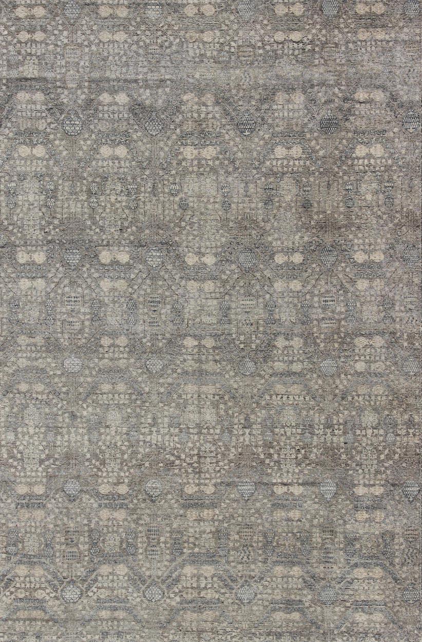 Indian Modern Fine Weave Distressed Tabriz Rug in Taupe, Gray, Blue and Neutral Tones  For Sale