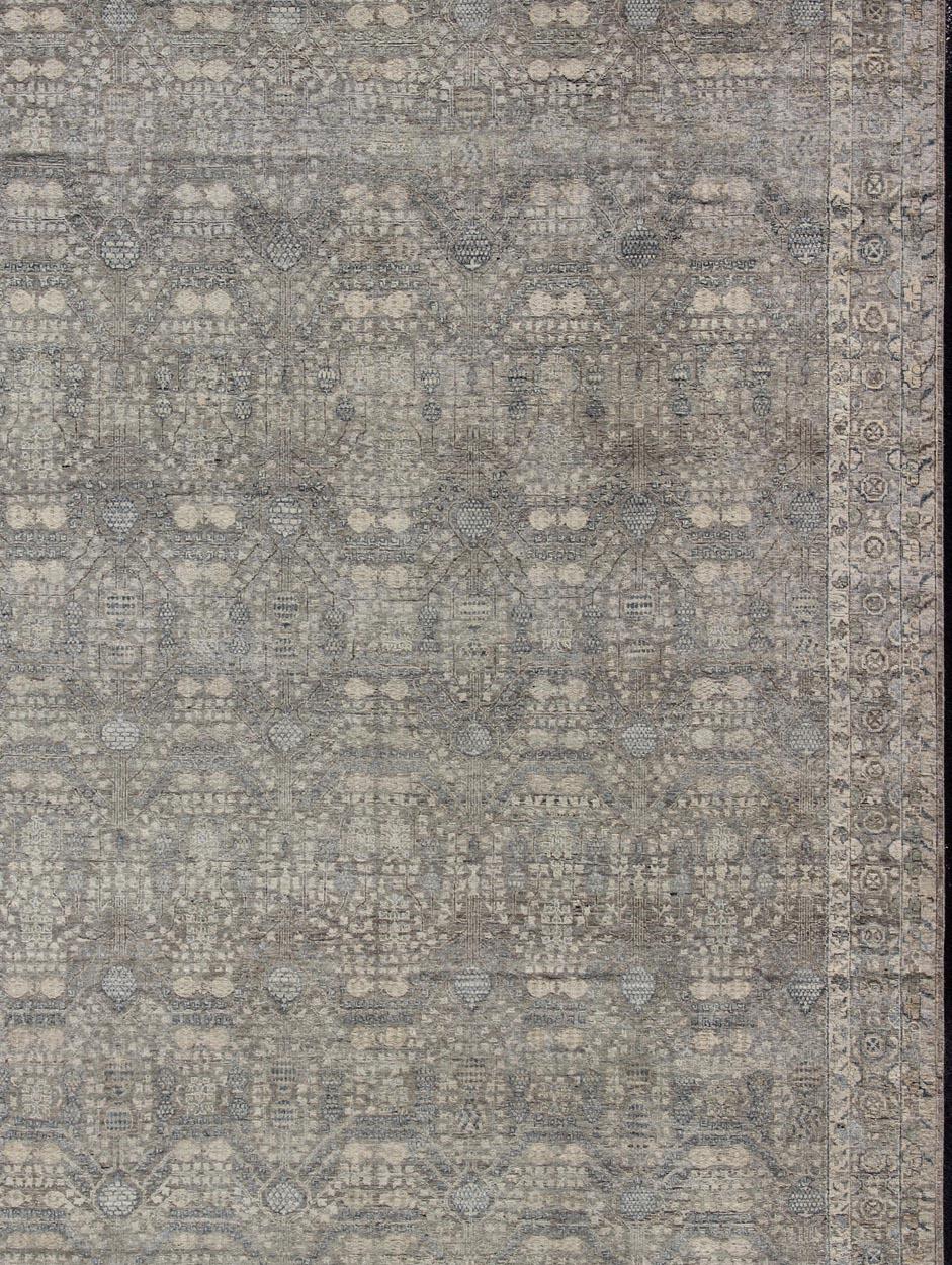 Hand-Knotted Modern Fine Weave Distressed Tabriz Rug in Taupe, Gray, Blue and Neutral Tones  For Sale