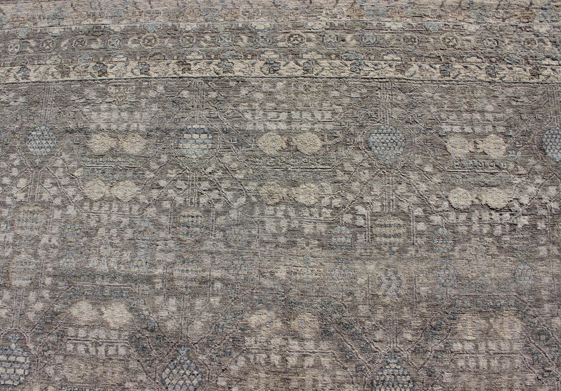 Contemporary Modern Fine Weave Distressed Tabriz Rug in Taupe, Gray, Blue and Neutral Tones  For Sale