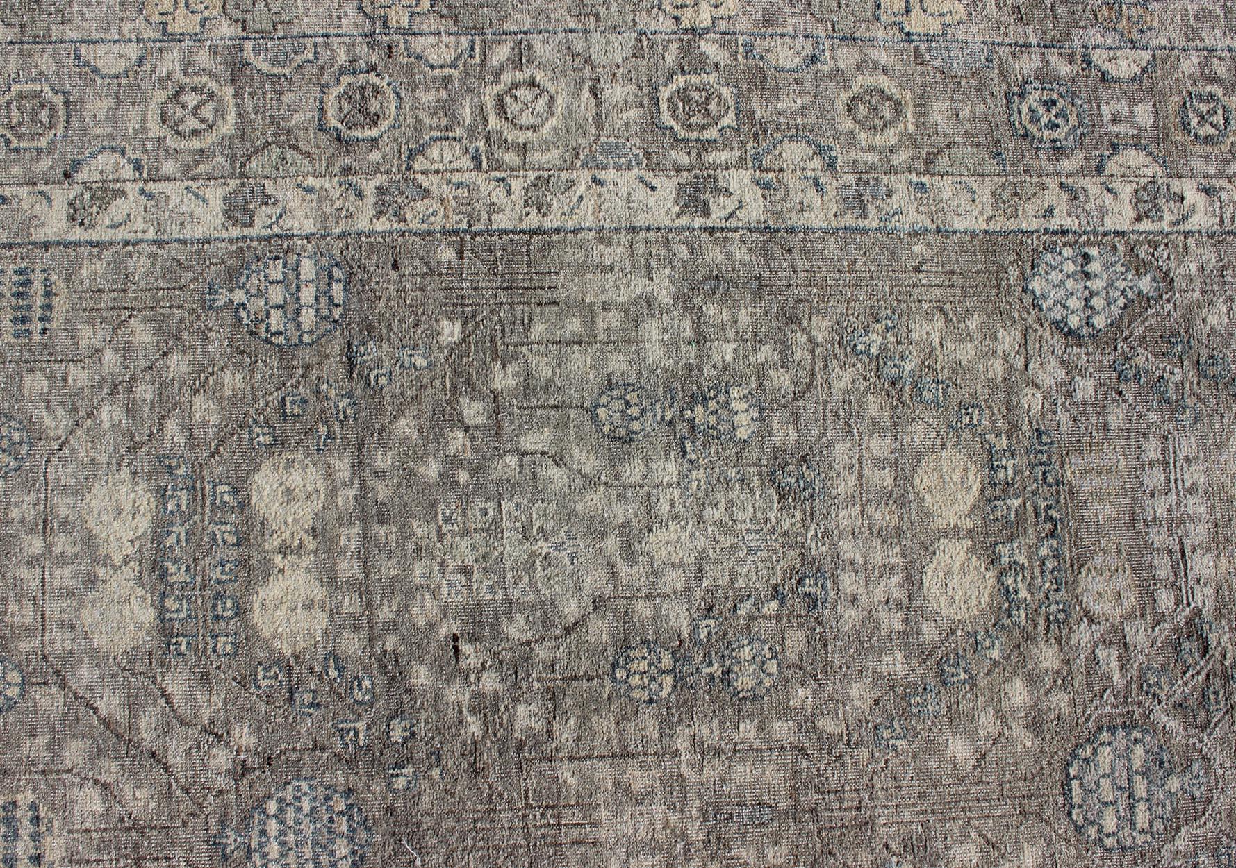Wool Modern Fine Weave Distressed Tabriz Rug in Taupe, Gray, Blue and Neutral Tones  For Sale