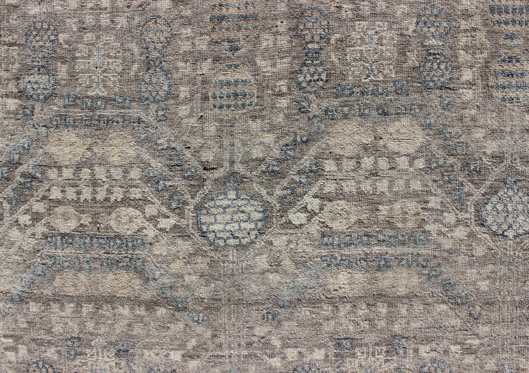 Modern Fine Weave Distressed Tabriz Rug in Taupe, Gray, Blue and Neutral Tones  For Sale 2