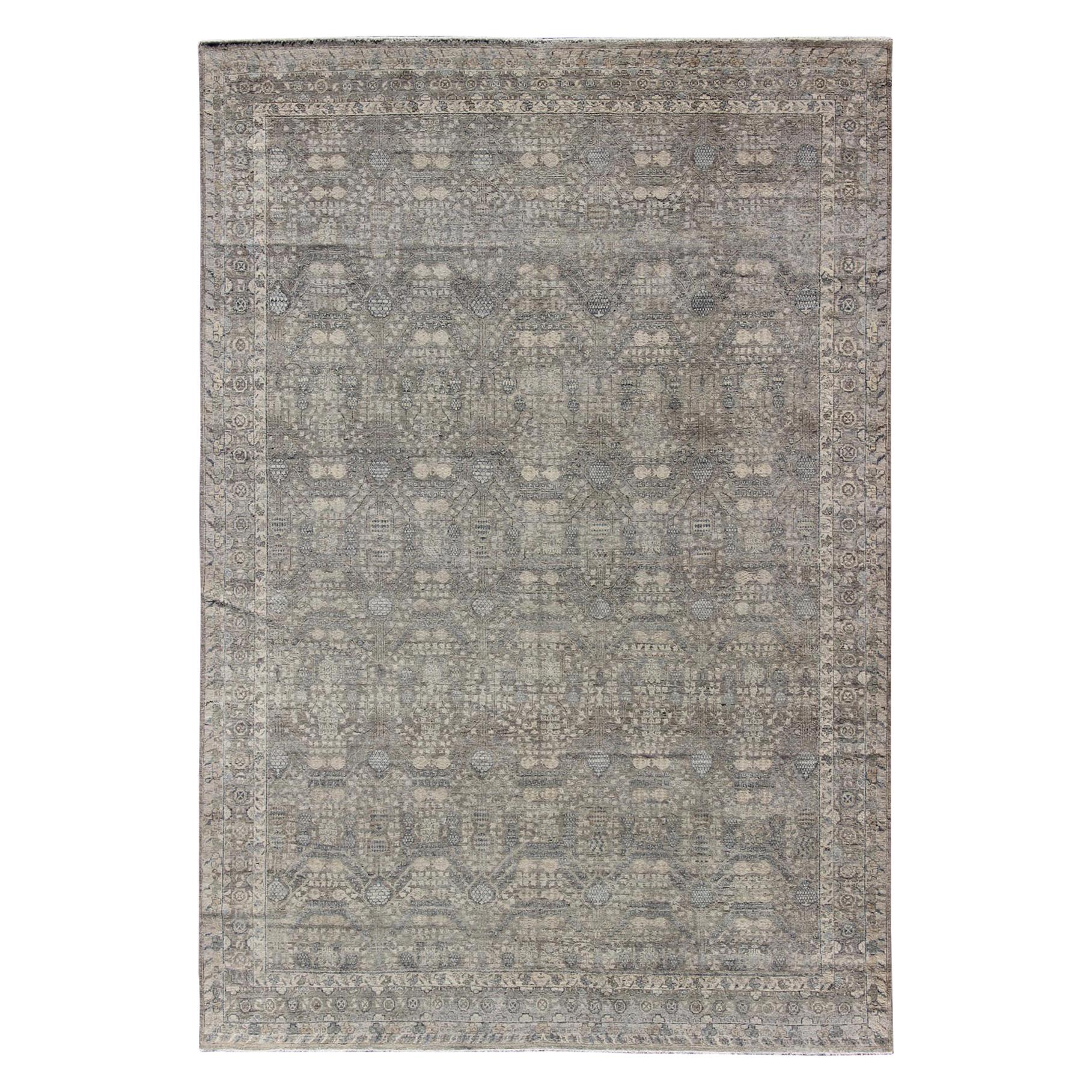 Modern Fine Weave Distressed Tabriz Rug in Taupe, Gray, Blue and Neutral Tones 