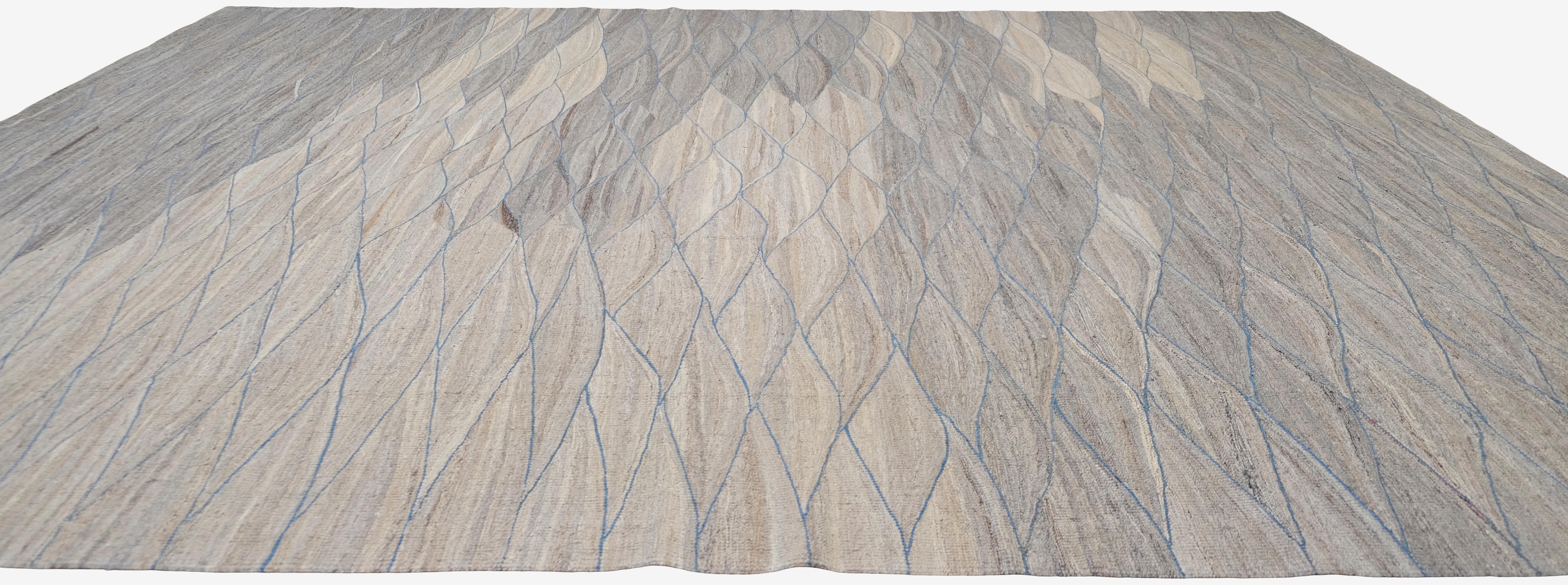 Noué à la main Tapis Kilim moderne en laine fine 11'10''x14'8'' en vente