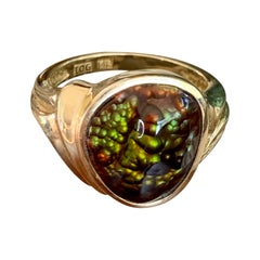 Modern Fire Agate and Diamond 14k Yellow Gold Ring