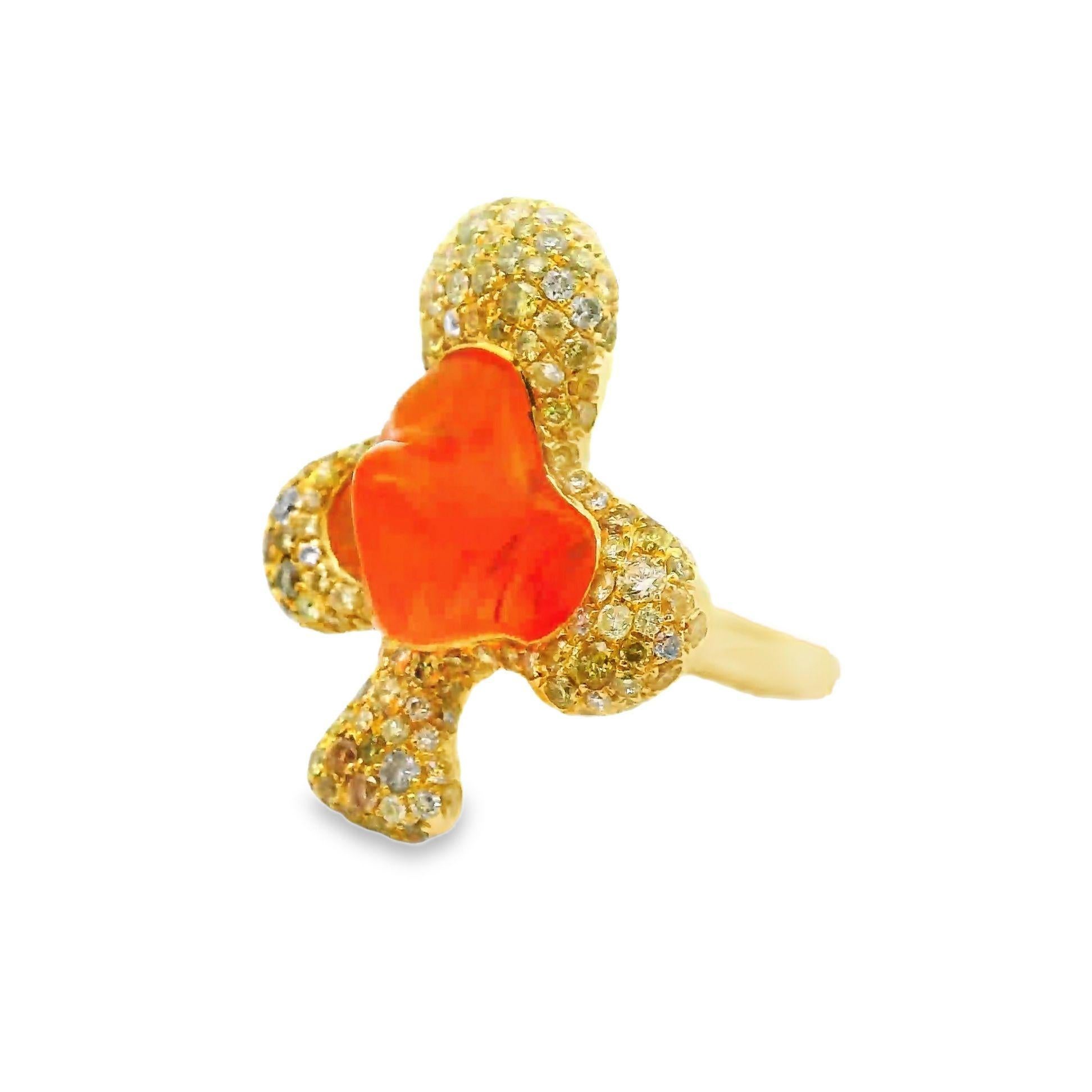 Cabochon Modern Fire Opal Diamond 18k Yellow Gold “Ace” Ring For Sale
