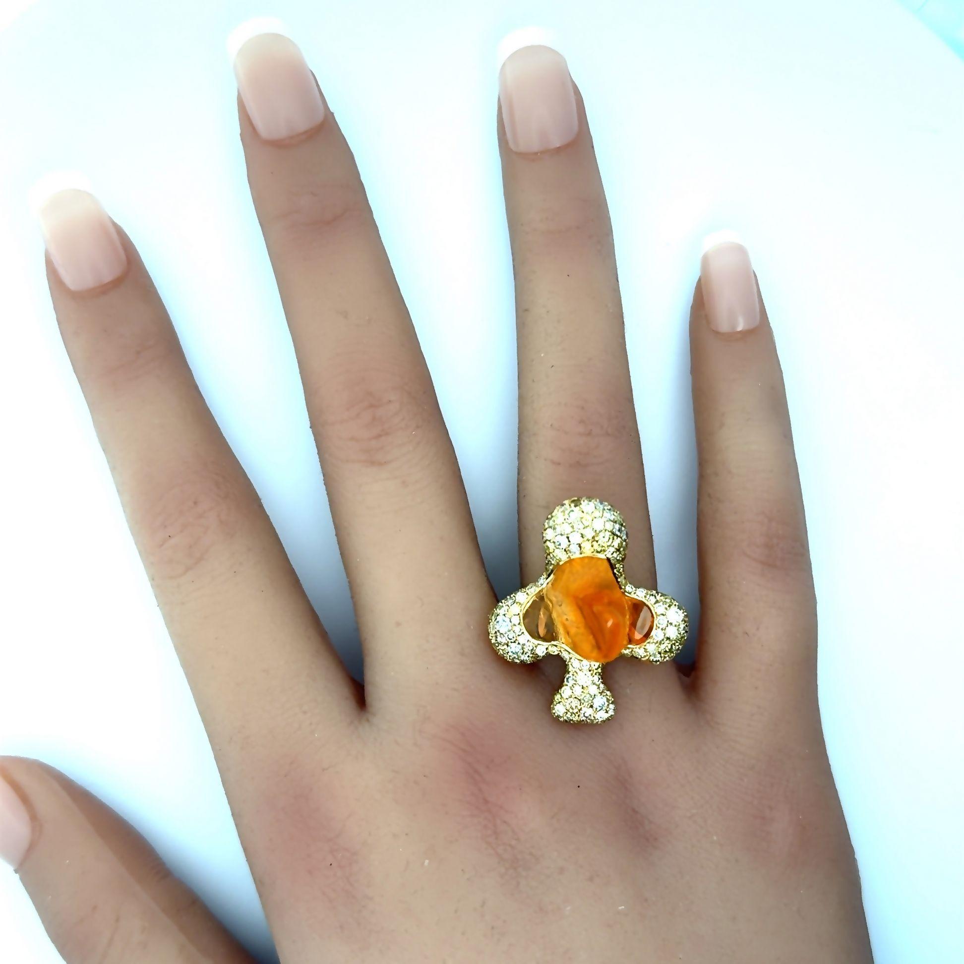 Modern Fire Opal Diamond 18k Yellow Gold “Ace” Ring In New Condition For Sale In Beverly Hills, CA